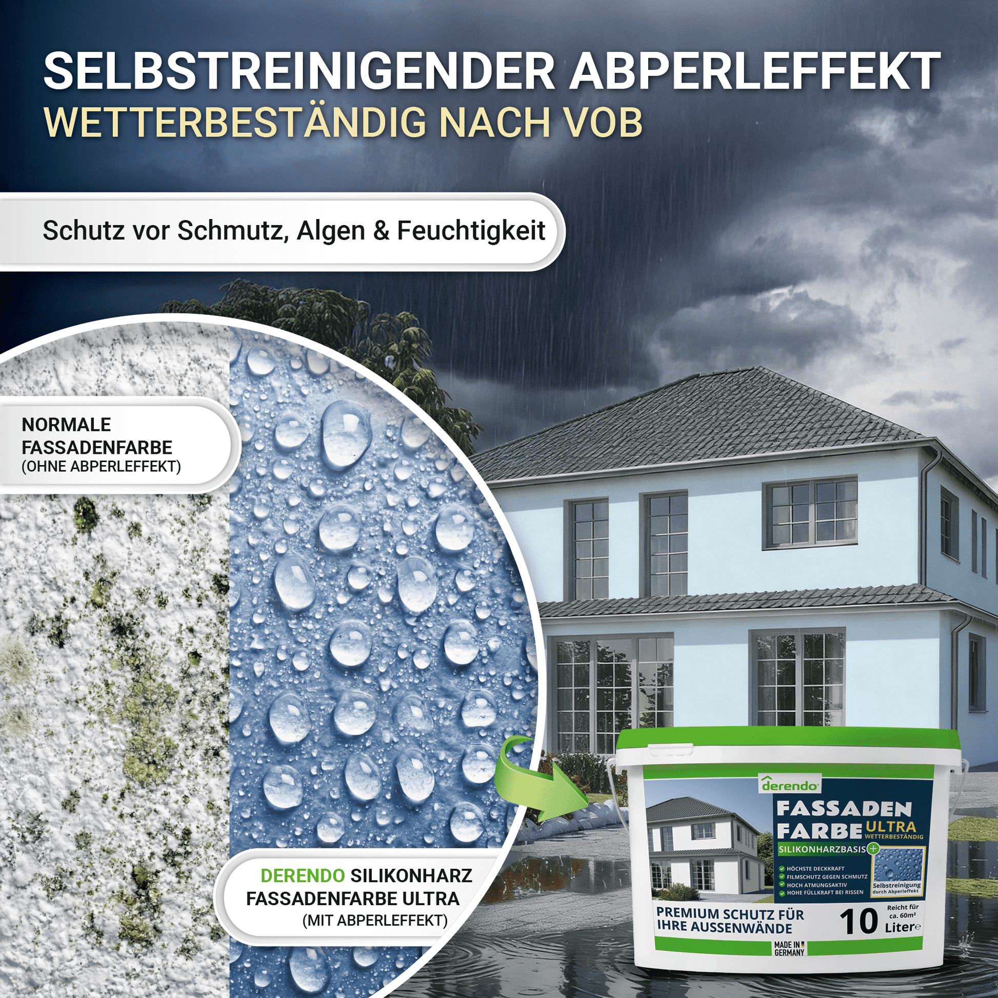Derendo Fassadenfarbe Babyblau mit ULTRA Wetterschutz und Abperleffekt in 10L – Produktbild von Derendo