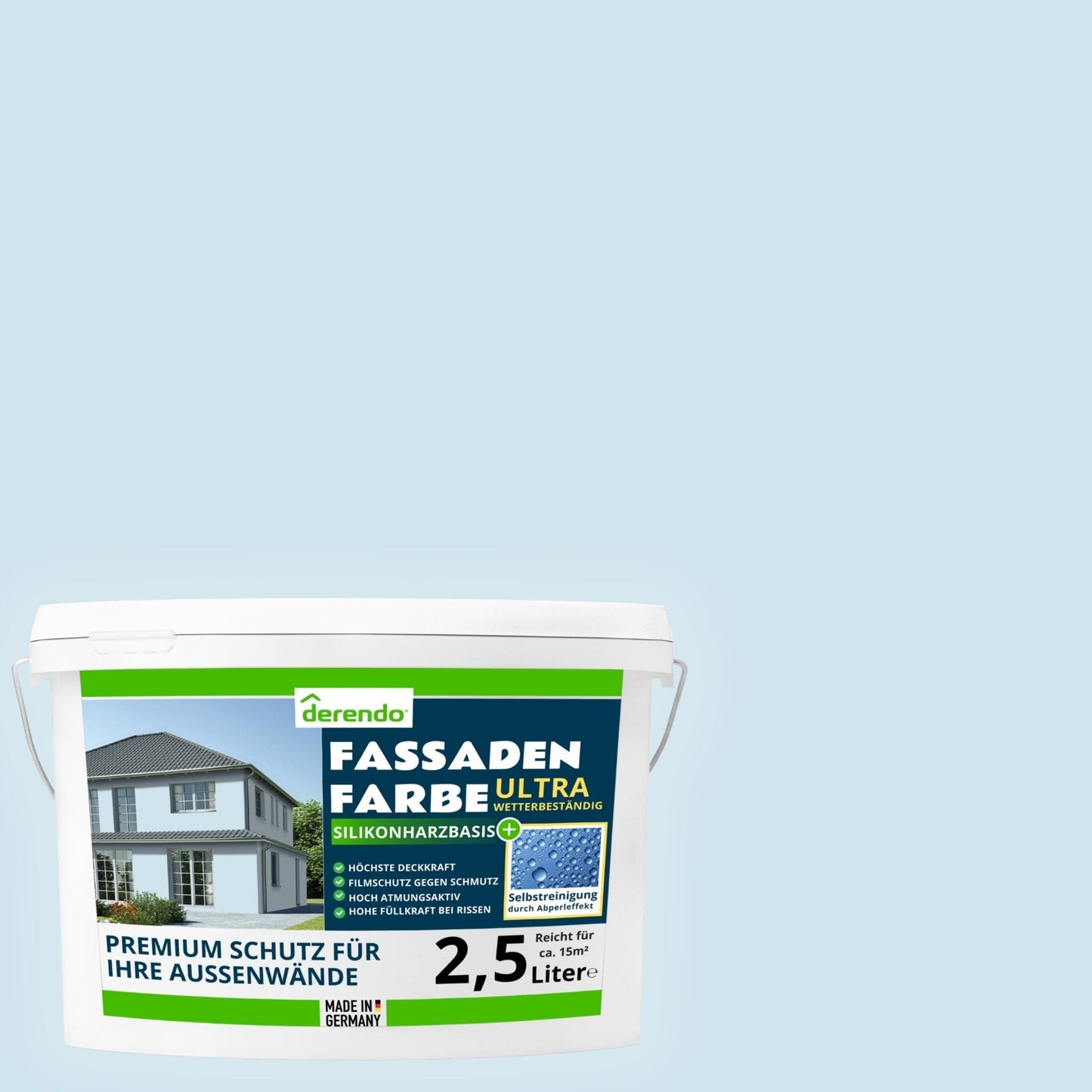 Derendo Fassadenfarbe Babyblau mit ULTRA Wetterschutz und Abperleffekt - 4251604915900 - Derendo