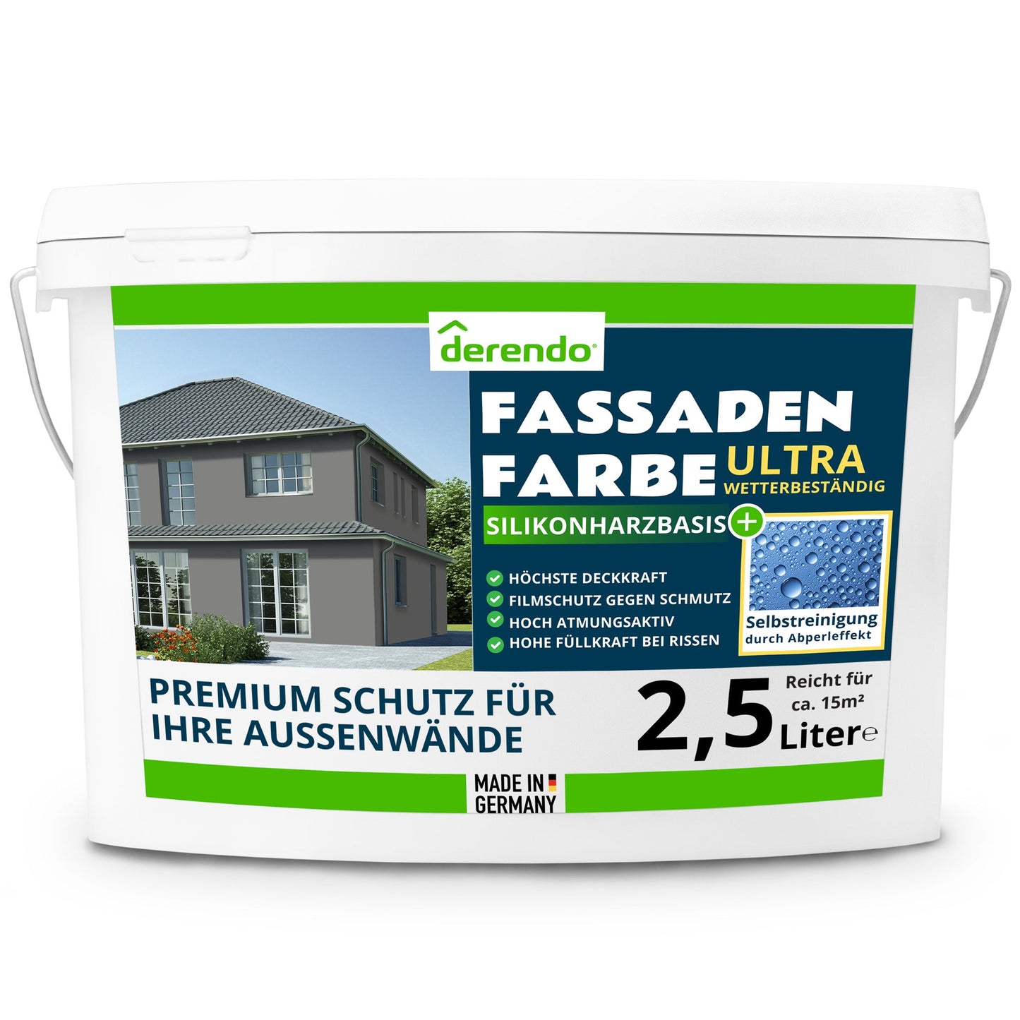 Derendo Fassadenfarbe Betongrau mit ULTRA Wetterschutz und Abperleffekt - 4251604914620 - Derendo