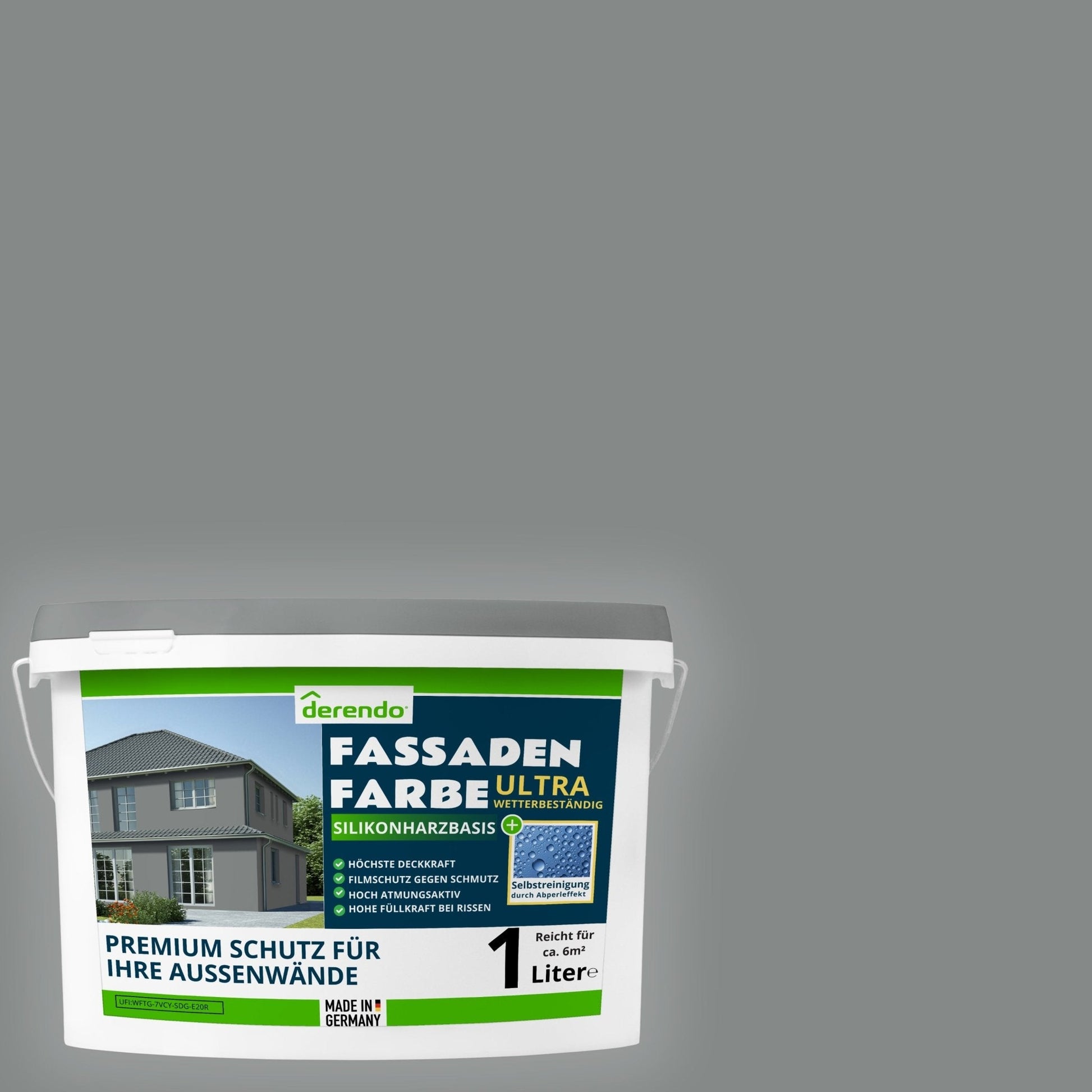 Derendo Fassadenfarbe Betongrau mit ULTRA Wetterschutz und Abperleffekt - 4251604929624 - Derendo