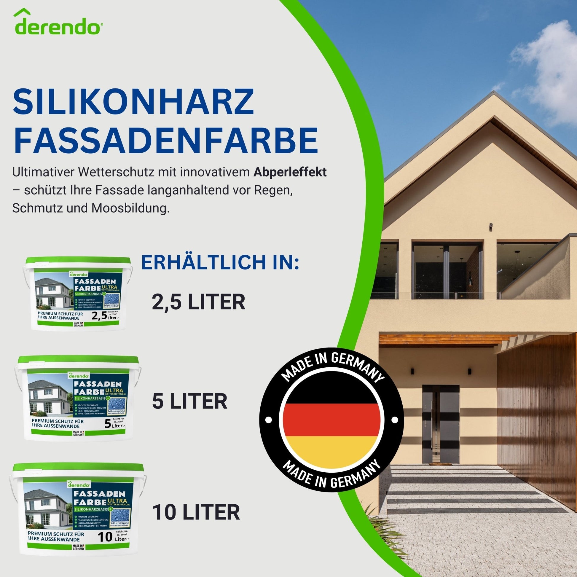 Derendo Fassadenfarbe Biscuit mit ULTRA Wetterschutz und Abperleffekt - 4251604915597 - Derendo