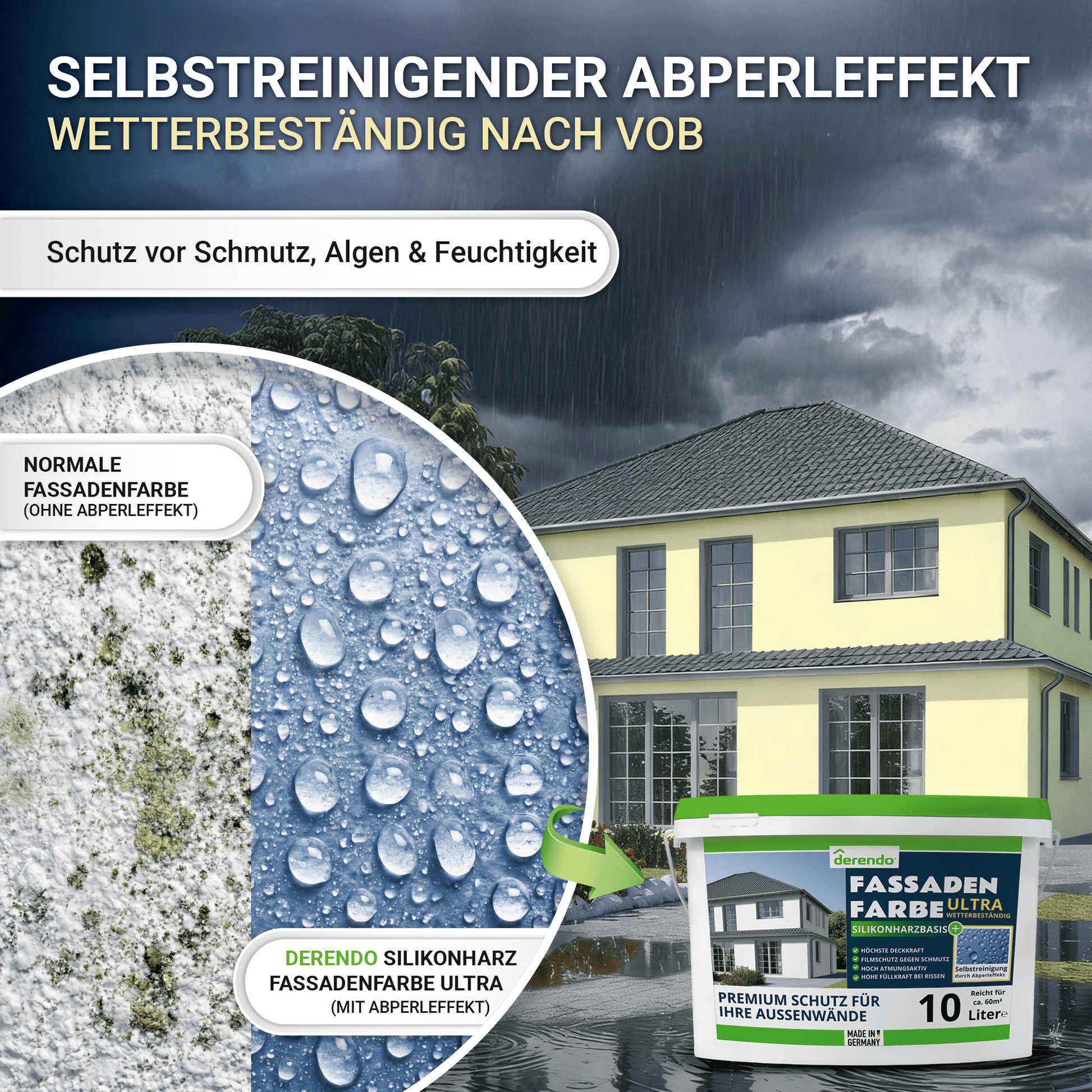Derendo Fassadenfarbe Buttergelb mit ULTRA Wetterschutz und Abperleffekt in 10L – Produktbild von Derendo