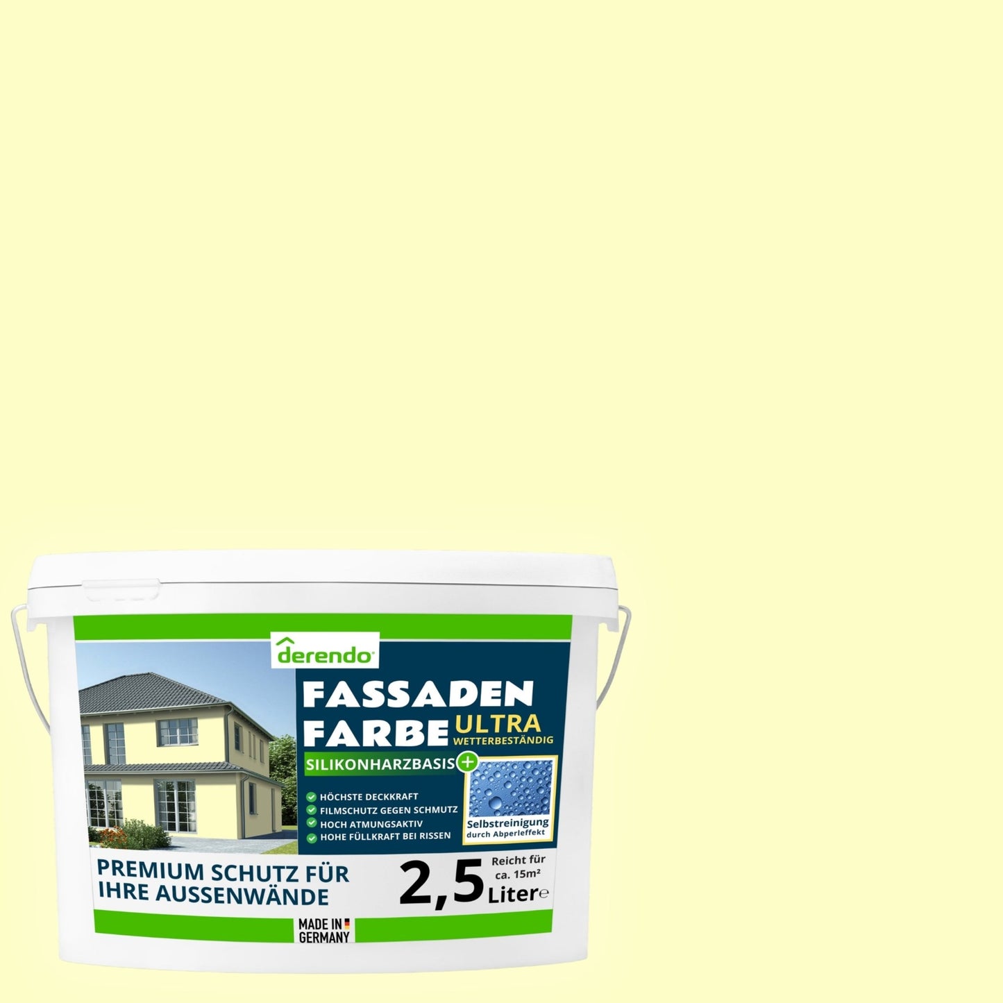 Derendo Fassadenfarbe Buttergelb mit ULTRA Wetterschutz und Abperleffekt in 2.5L – Produktbild von Derendo