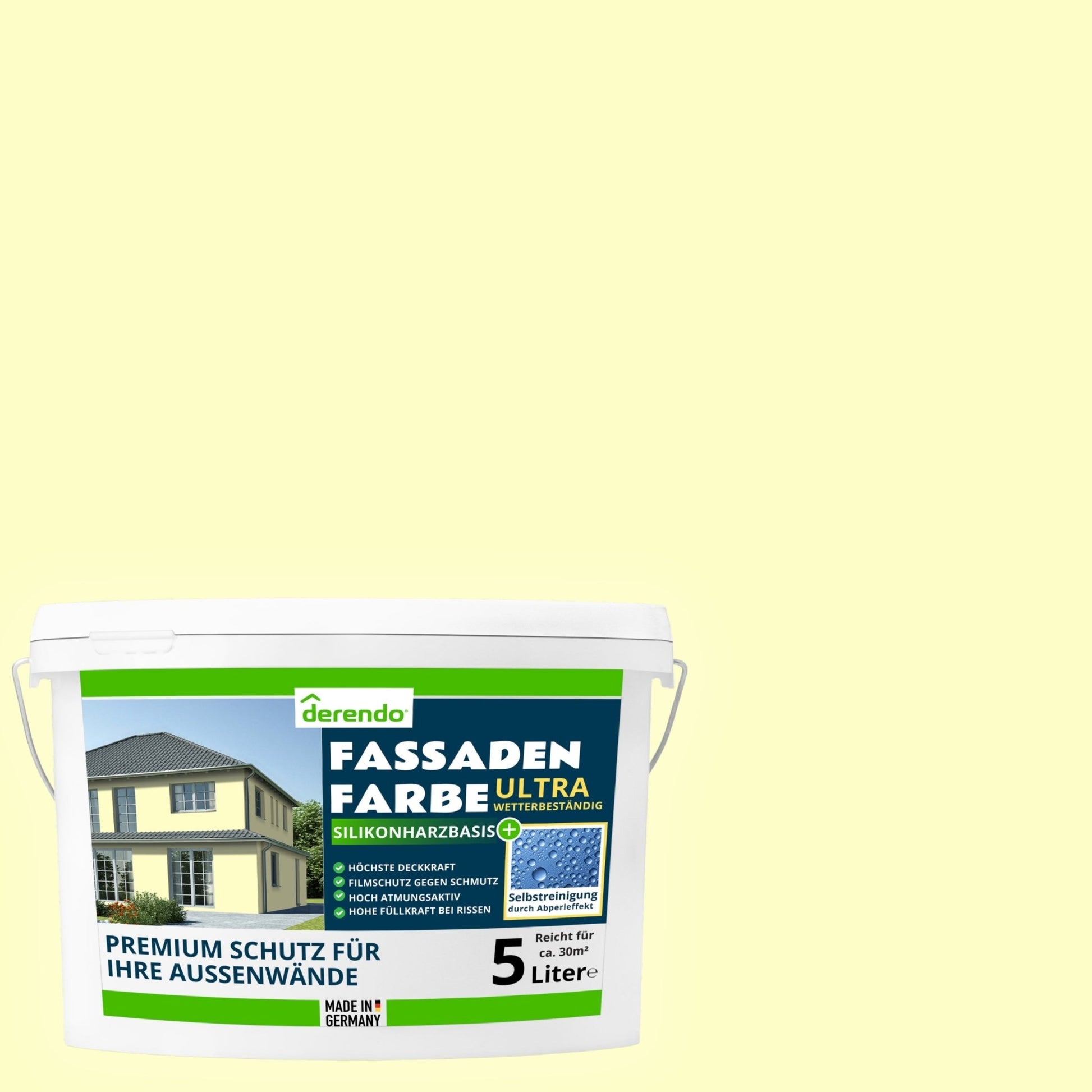 Derendo Fassadenfarbe Buttergelb mit ULTRA Wetterschutz und Abperleffekt in 5L – Produktbild von Derendo