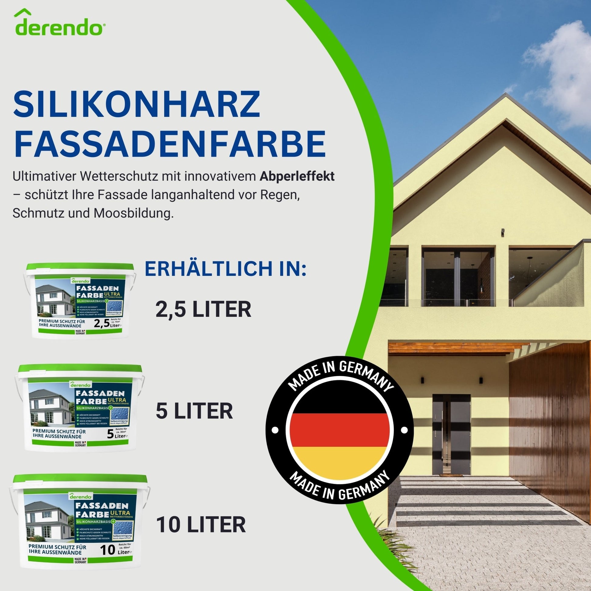 Derendo Fassadenfarbe Buttergelb mit ULTRA Wetterschutz und Abperleffekt - 4251604914781 - Derendo