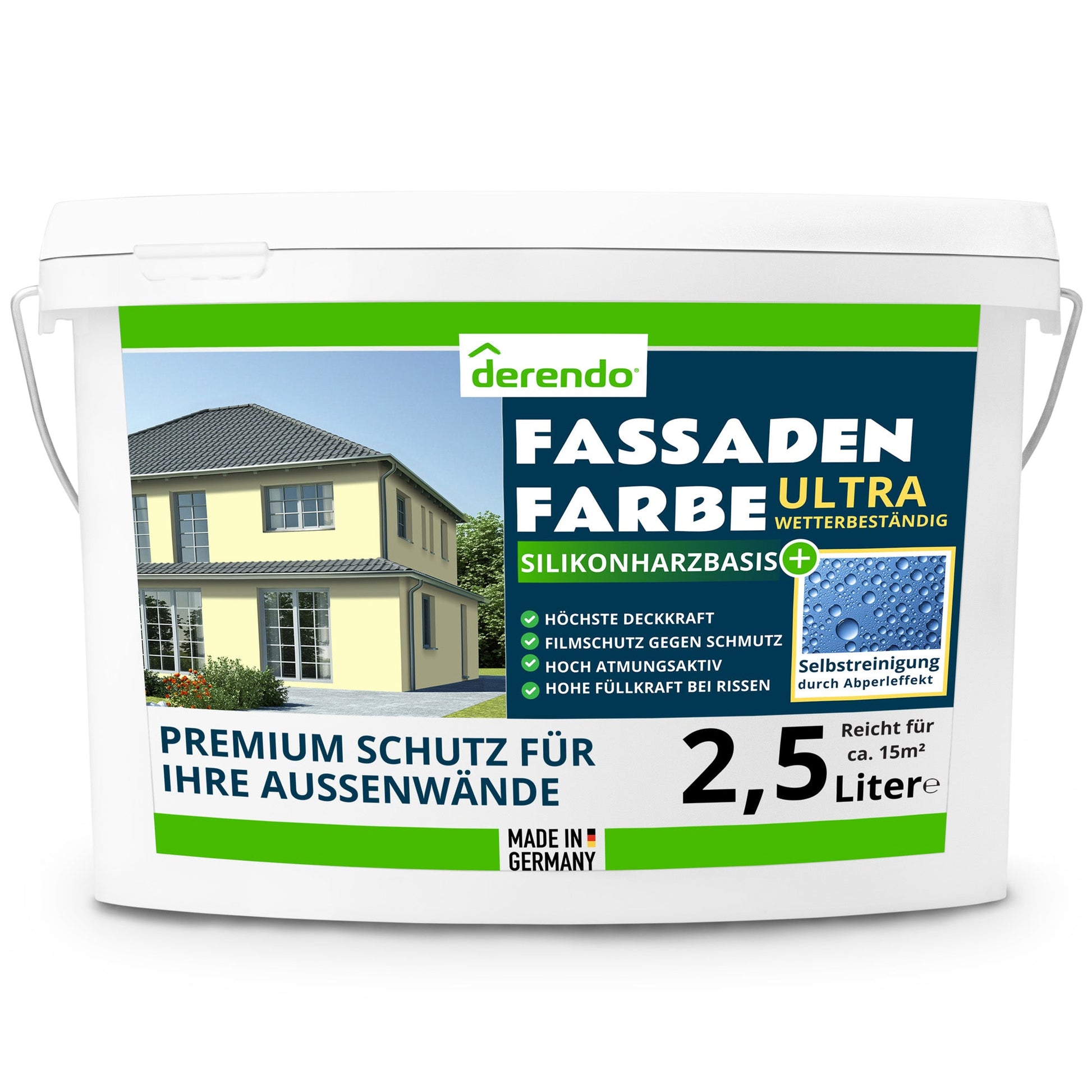 Derendo Fassadenfarbe Buttergelb mit ULTRA Wetterschutz und Abperleffekt - 4251604914781 - Derendo