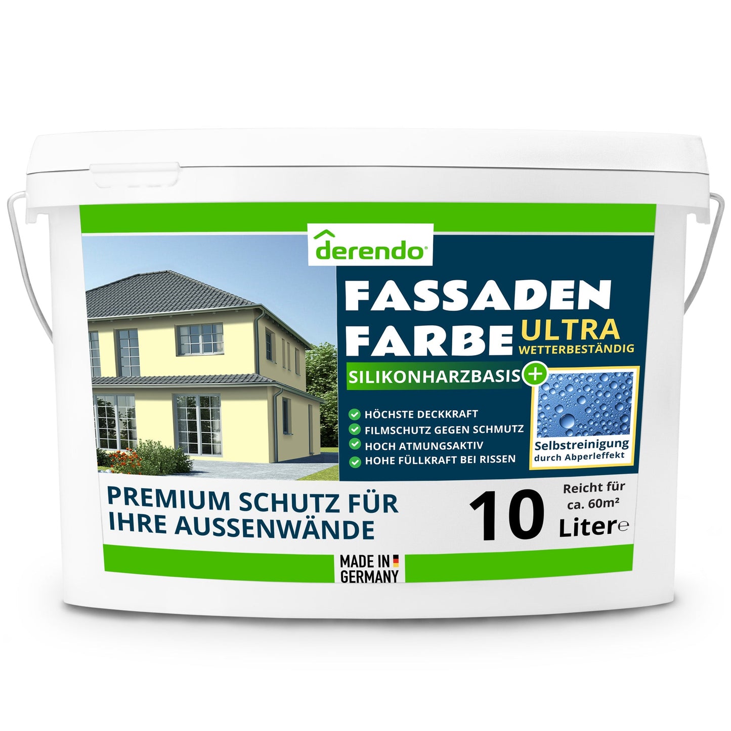 Derendo Fassadenfarbe Buttergelb mit ULTRA Wetterschutz und Abperleffekt - 4251604914774 - Derendo