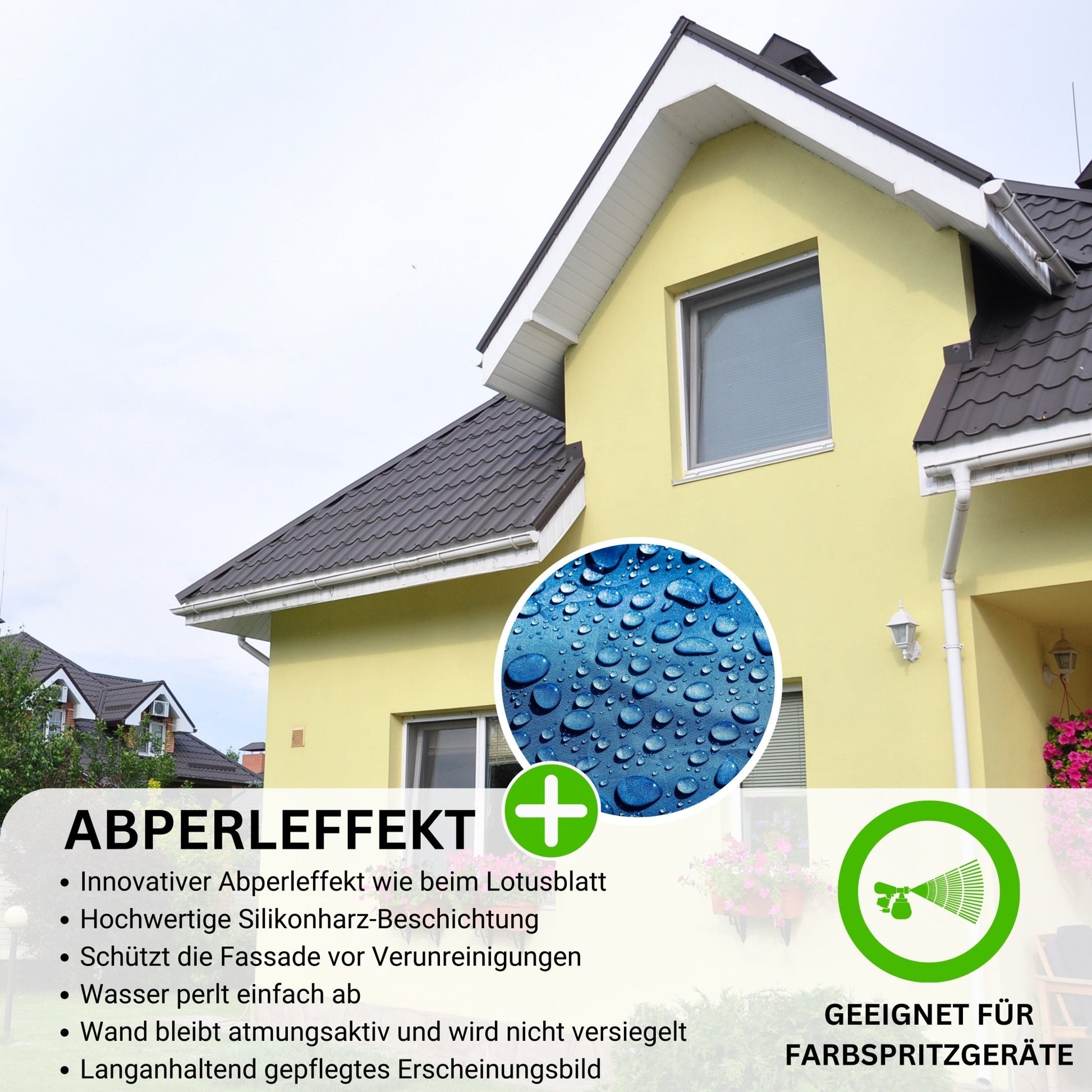Derendo Fassadenfarbe Buttergelb mit ULTRA Wetterschutz und Abperleffekt - 4251604914781 - Derendo