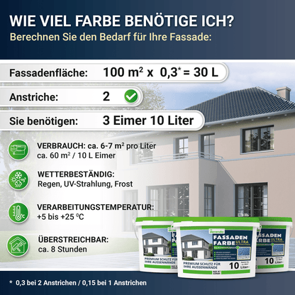 Derendo Fassadenfarbe Cappuccino mit ULTRA Wetterschutz und Abperleffekt in 10L – Produktbild von Derendo