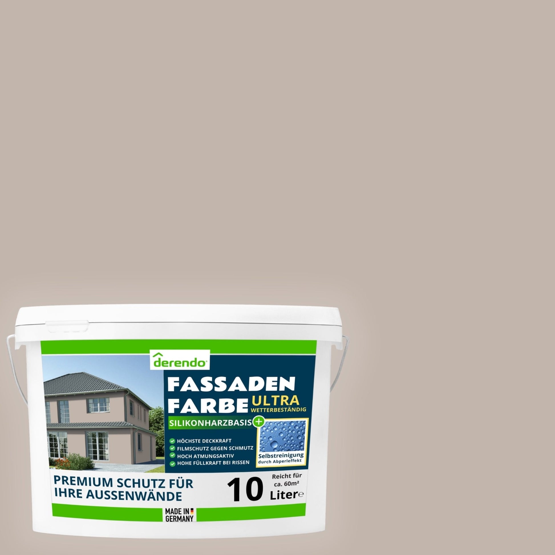 Derendo Fassadenfarbe Cappuccino mit ULTRA Wetterschutz und Abperleffekt in 10L – Produktbild von Derendo