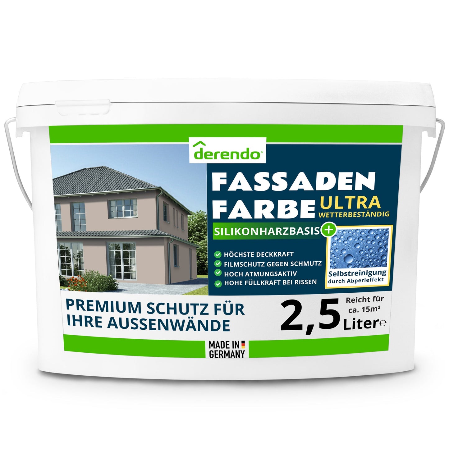 Derendo Fassadenfarbe Cappuccino mit ULTRA Wetterschutz und Abperleffekt - 4251604914941 - Derendo
