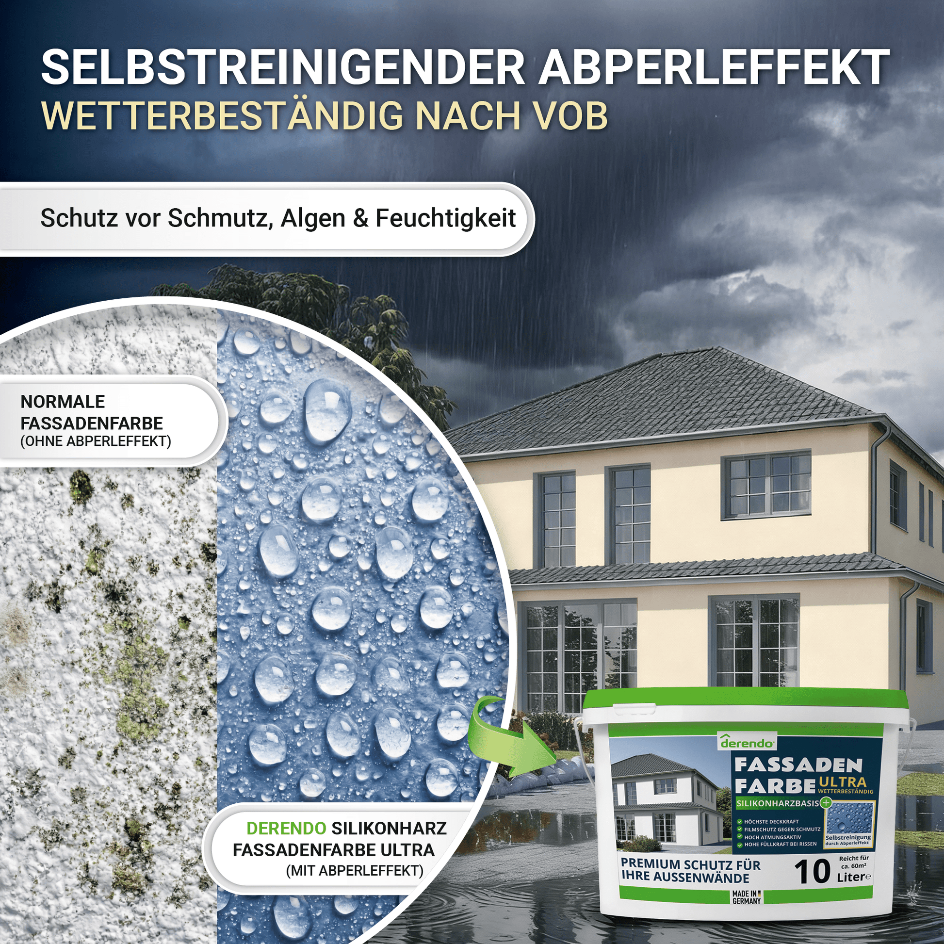 Derendo Fassadenfarbe Cremebeige mit ULTRA Wetterschutz und Abperleffekt in 10L – Produktbild von Derendo