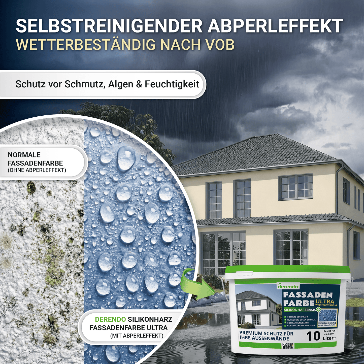 Derendo Fassadenfarbe Cremefarben mit ULTRA Wetterschutz und Abperleffekt in 10L – Produktbild von Derendo