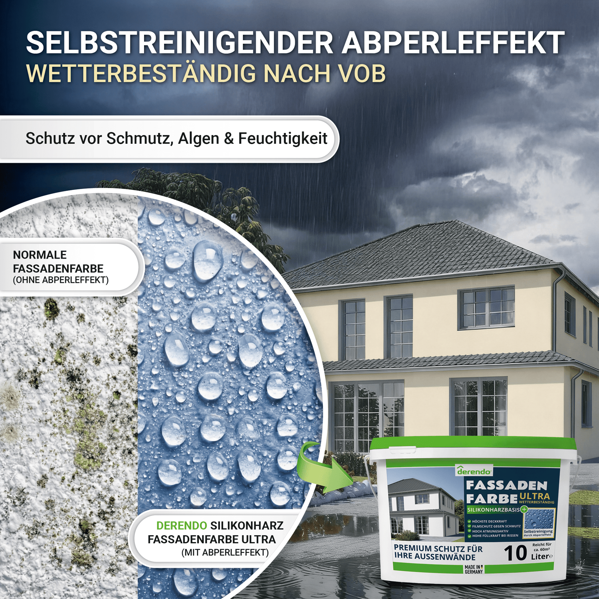 Derendo Fassadenfarbe Cremefarben mit ULTRA Wetterschutz und Abperleffekt in 10L – Produktbild von Derendo