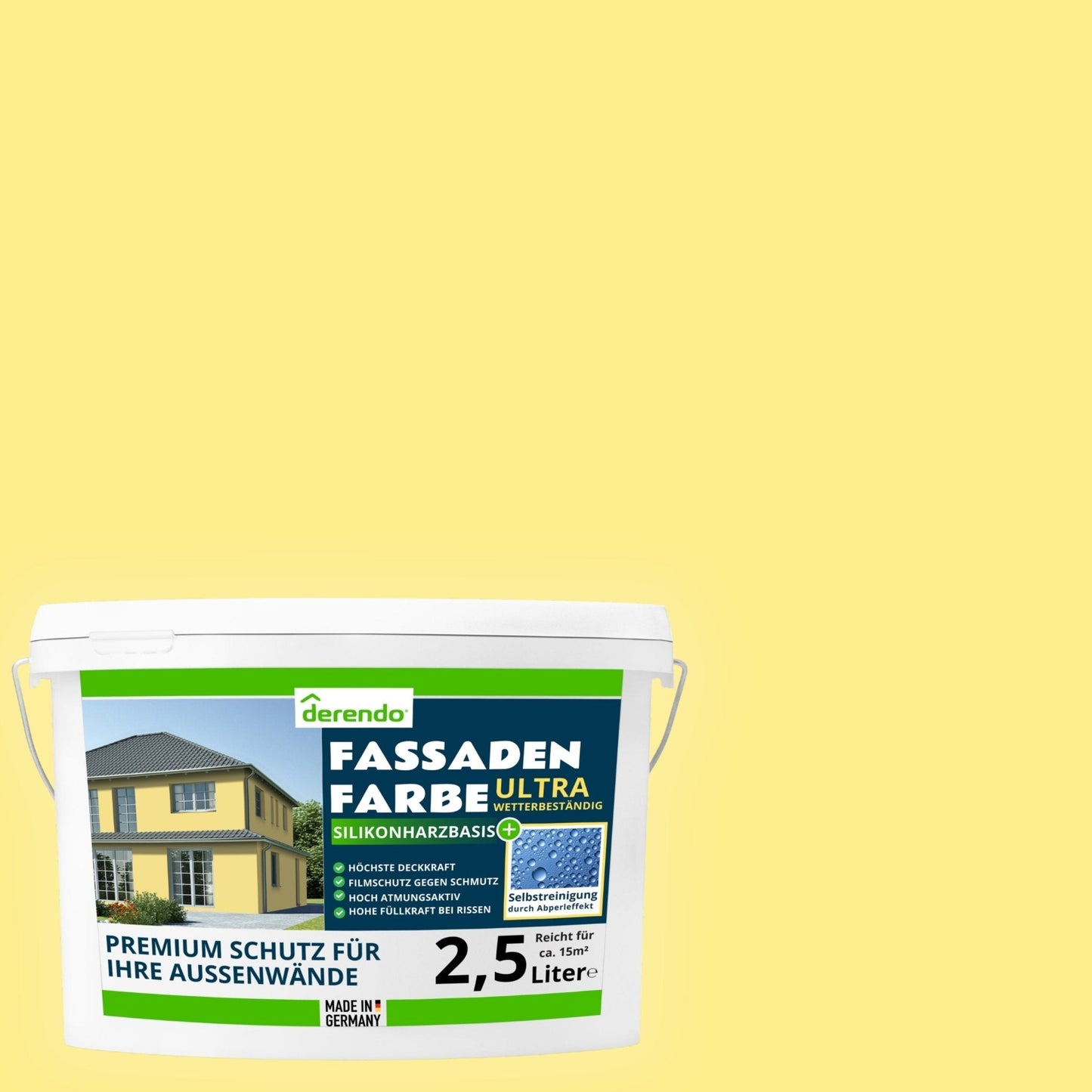 Derendo Fassadenfarbe Cremegelb mit ULTRA Wetterschutz und Abperleffekt in 10L – Produktbild von Derendo