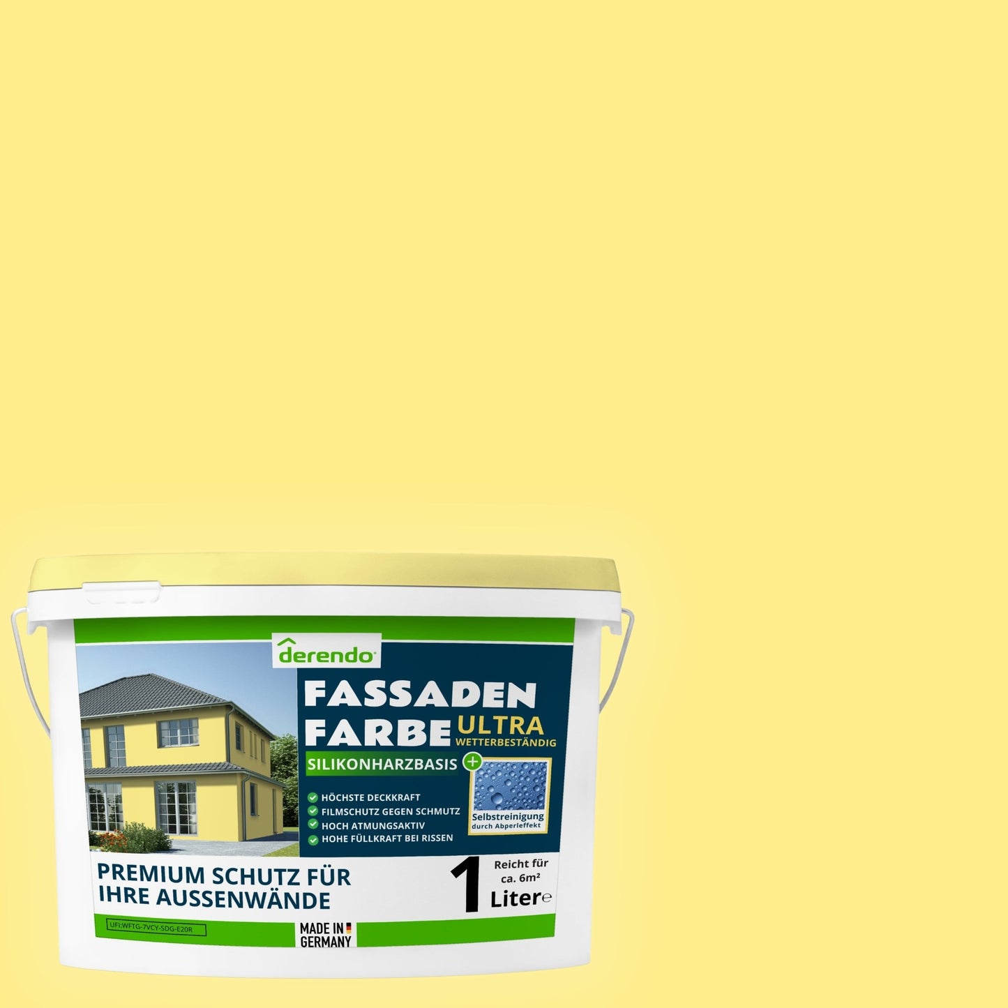 Derendo Fassadenfarbe Cremegelb mit ULTRA Wetterschutz und Abperleffekt - 4251604929600 - Derendo