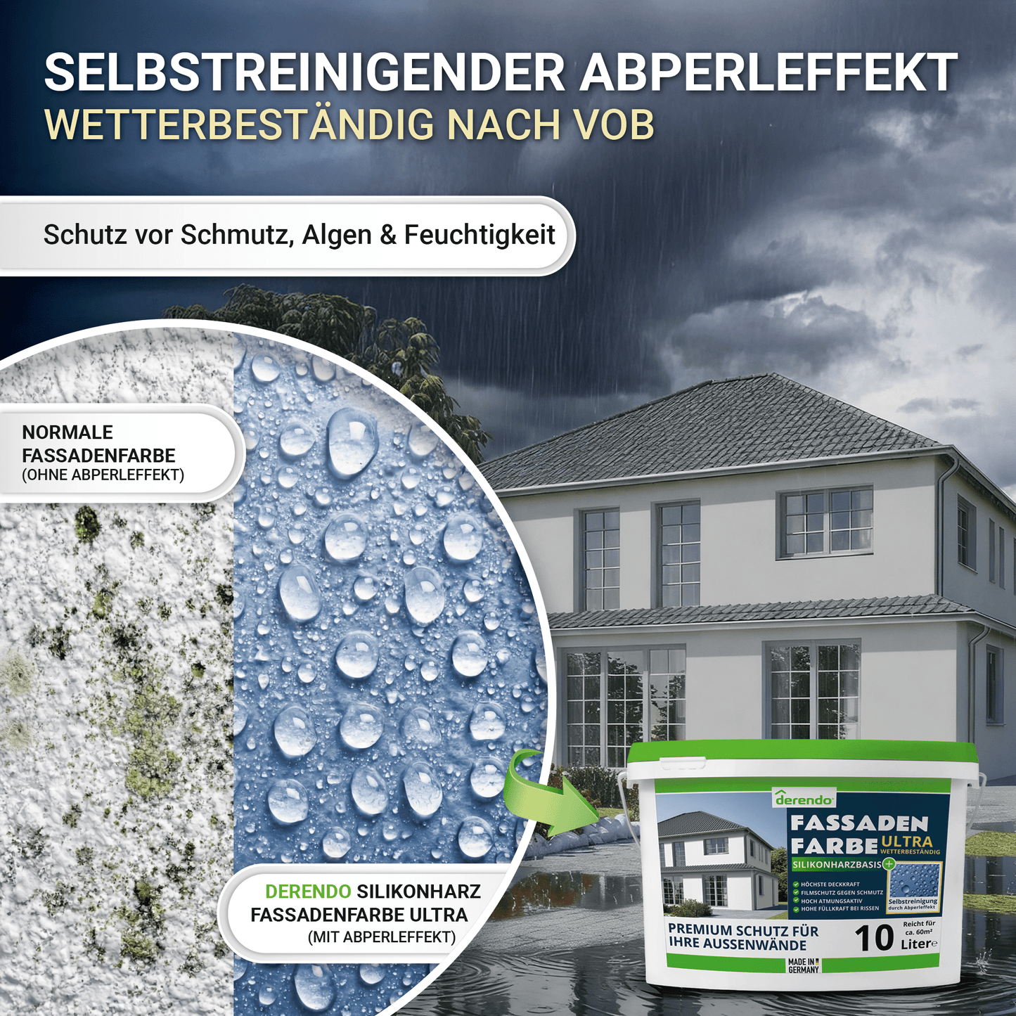Derendo Fassadenfarbe Elefantengrau mit ULTRA Wetterschutz und Abperleffekt in 10L – Produktbild von Derendo