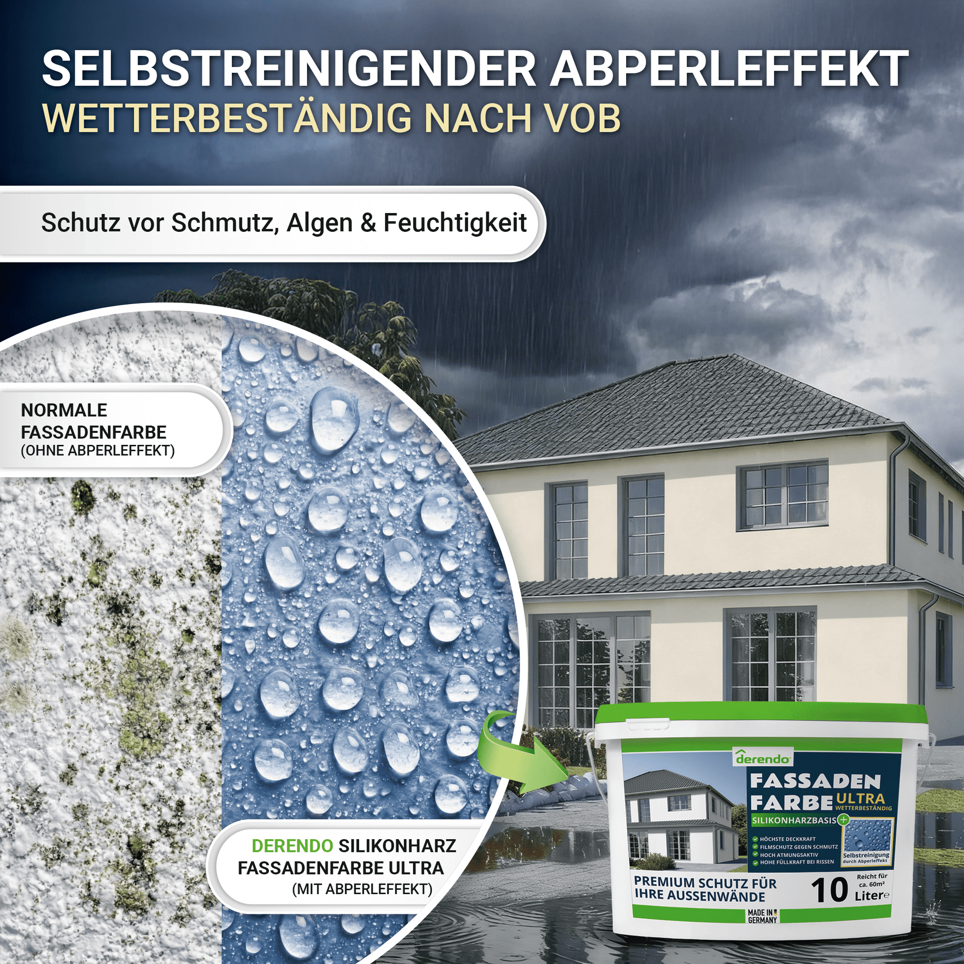 Derendo Fassadenfarbe Graubeige mit ULTRA Wetterschutz und Abperleffekt in 10L – Produktbild von Derendo