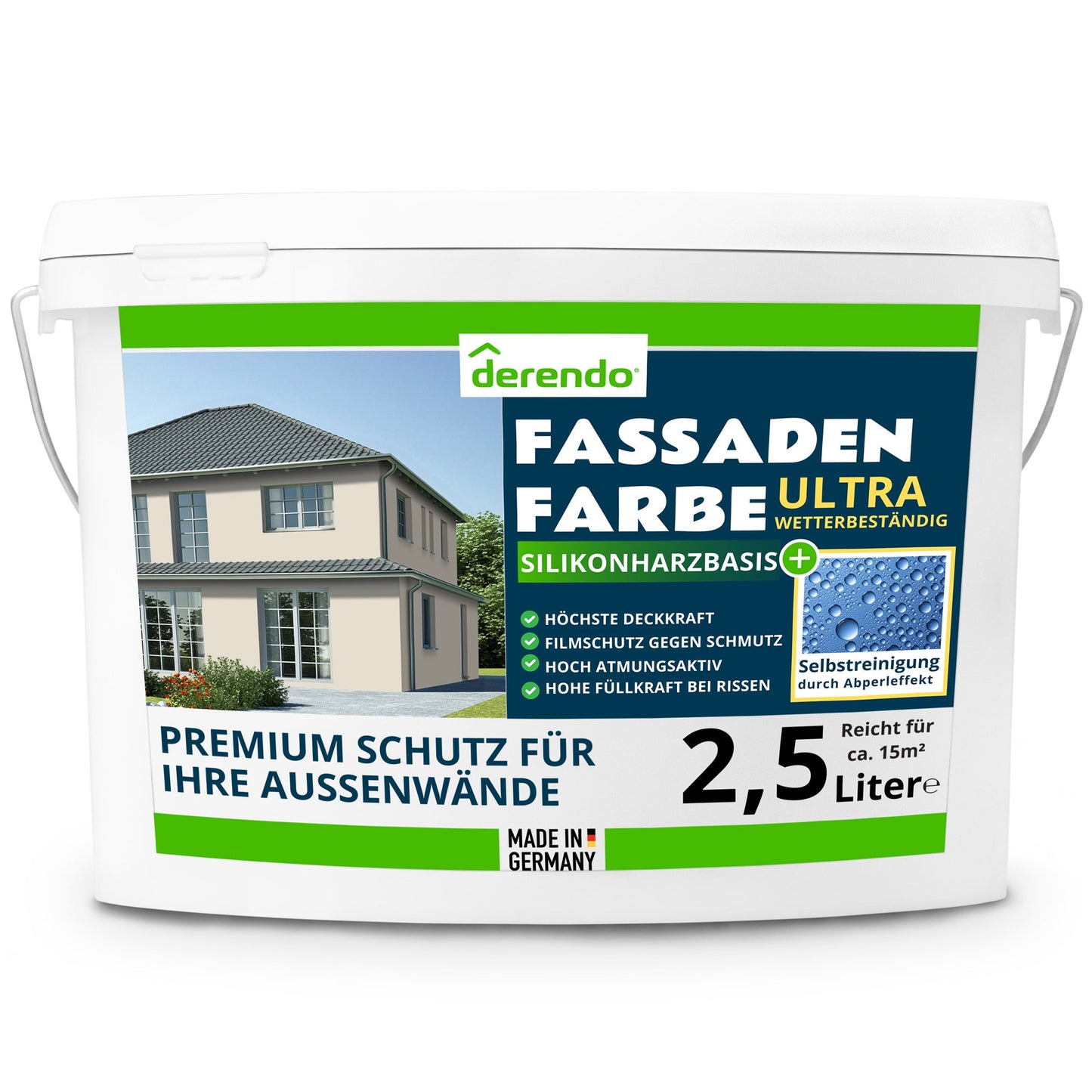 Derendo Fassadenfarbe Graubeige mit ULTRA Wetterschutz und Abperleffekt - 4251604914828 - Derendo
