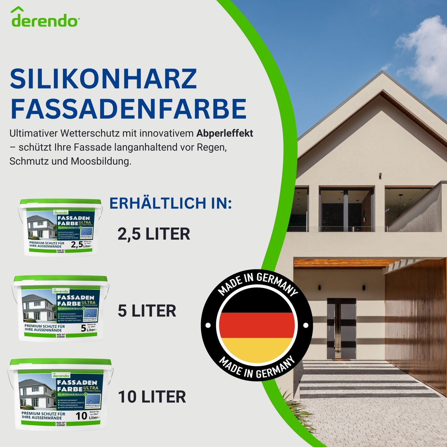 Derendo Fassadenfarbe Graubeige mit ULTRA Wetterschutz und Abperleffekt - 4251604914811 - Derendo