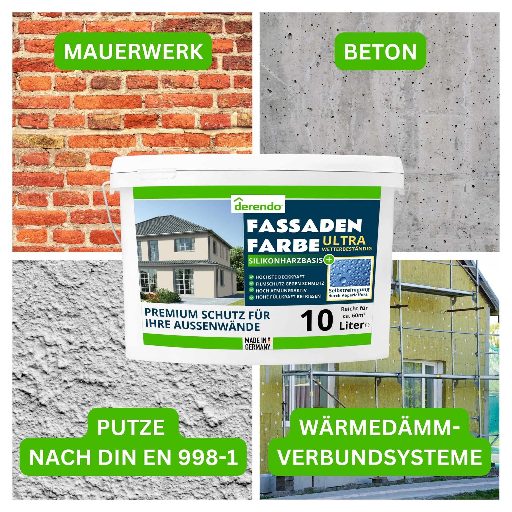 Derendo Fassadenfarbe Graubeige mit ULTRA Wetterschutz und Abperleffekt - 4251604914811 - Derendo