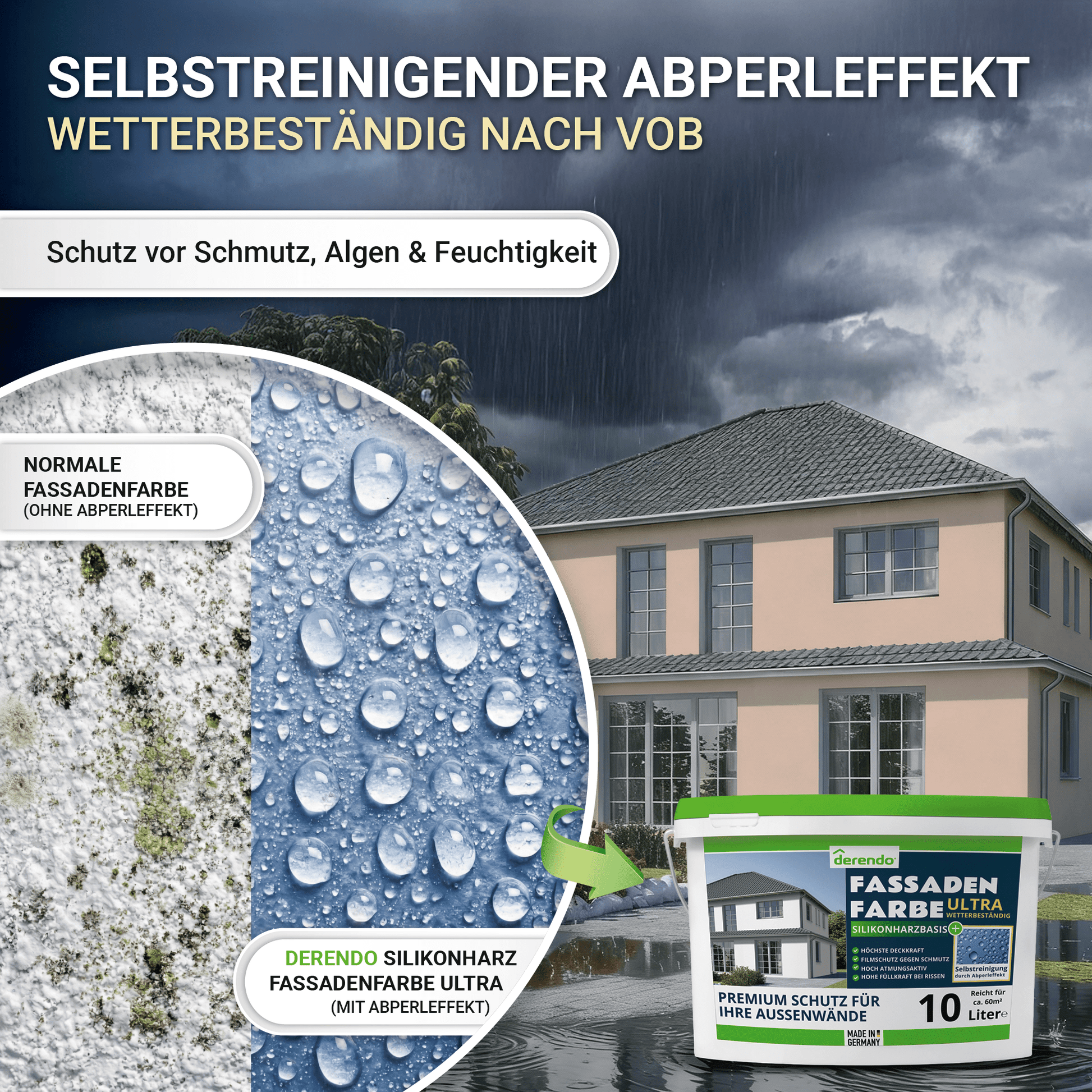 Derendo Fassadenfarbe Haselnuss mit ULTRA Wetterschutz und Abperleffekt in 10L – Produktbild von Derendo