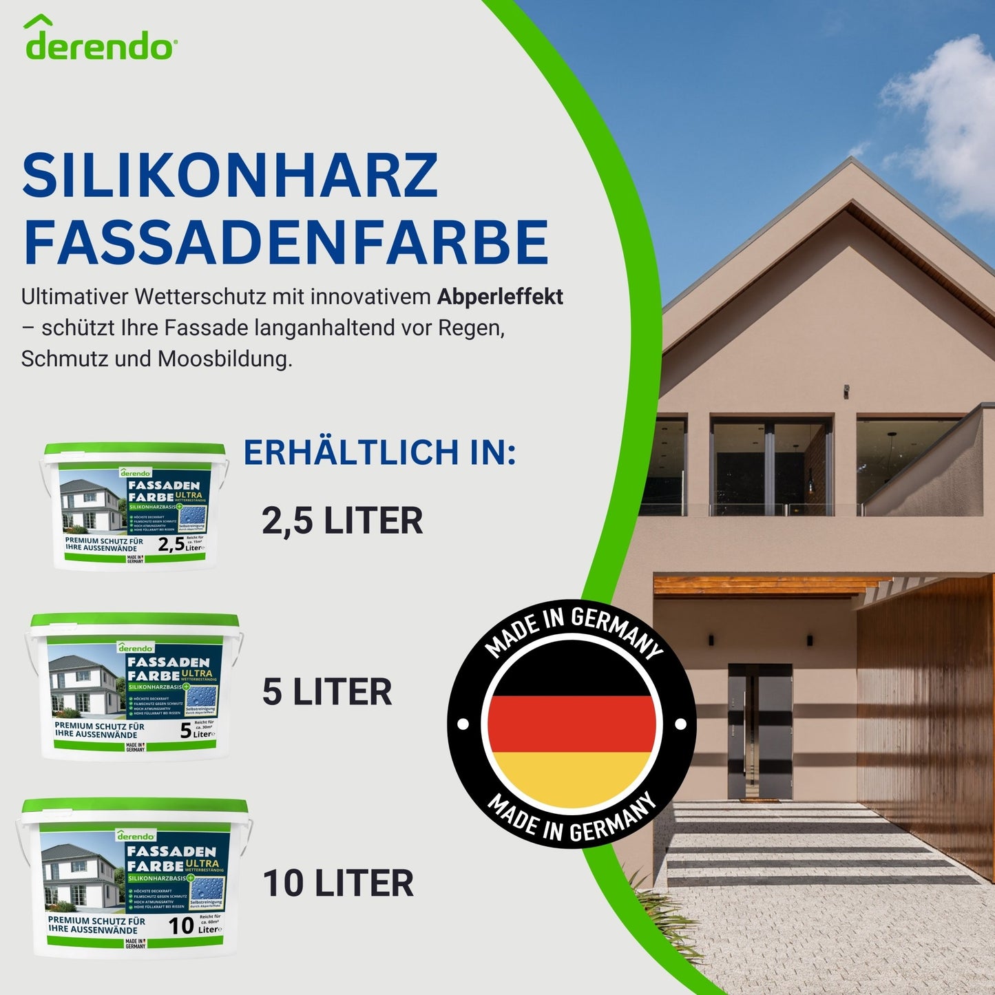 Derendo Fassadenfarbe Haselnuss mit ULTRA Wetterschutz und Abperleffekt - 4251604914958 - Derendo