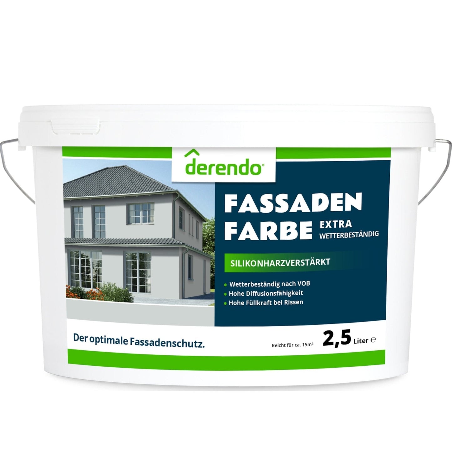 Derendo Fassadenfarbe Hellgrau mit EXTRA Wetterschutz in 2.5 Liter – Produktbild von Derendo