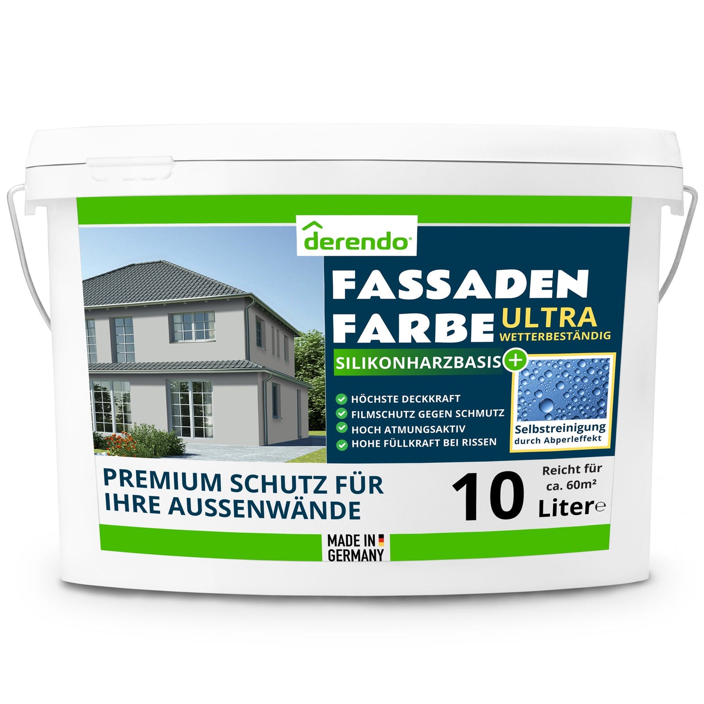 Derendo Fassadenfarbe Hellgrau mit ULTRA Wetterschutz und Abperleffekt - 4251604914651 - Derendo