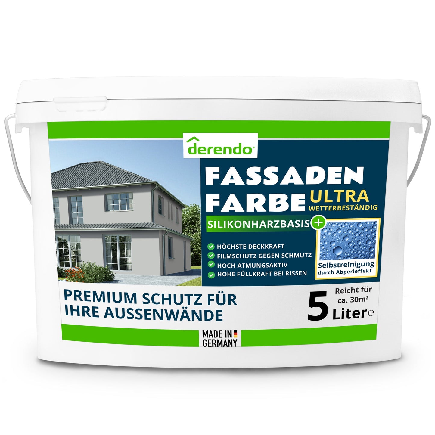 Derendo Fassadenfarbe Hellgrau mit ULTRA Wetterschutz und Abperleffekt - 4251604920331 - Derendo