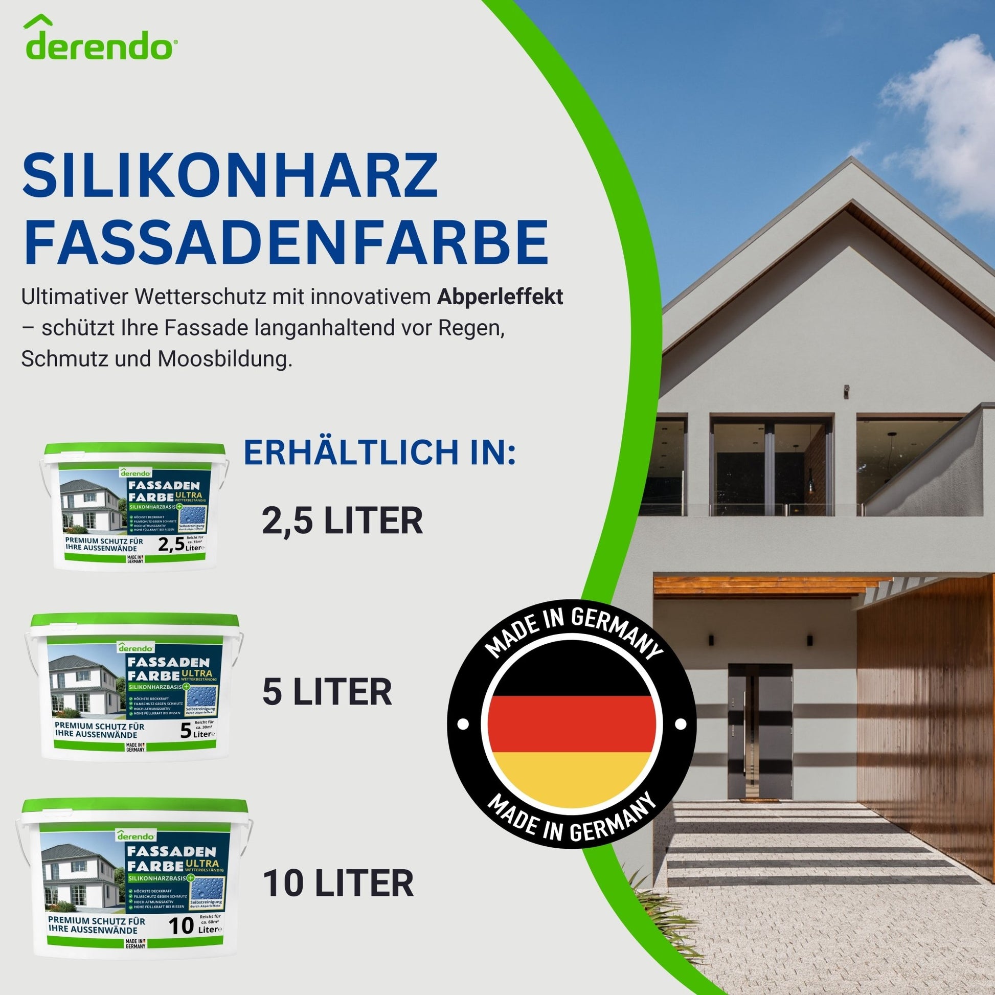 Derendo Fassadenfarbe Hellgrau mit ULTRA Wetterschutz und Abperleffekt - 4251604914651 - Derendo