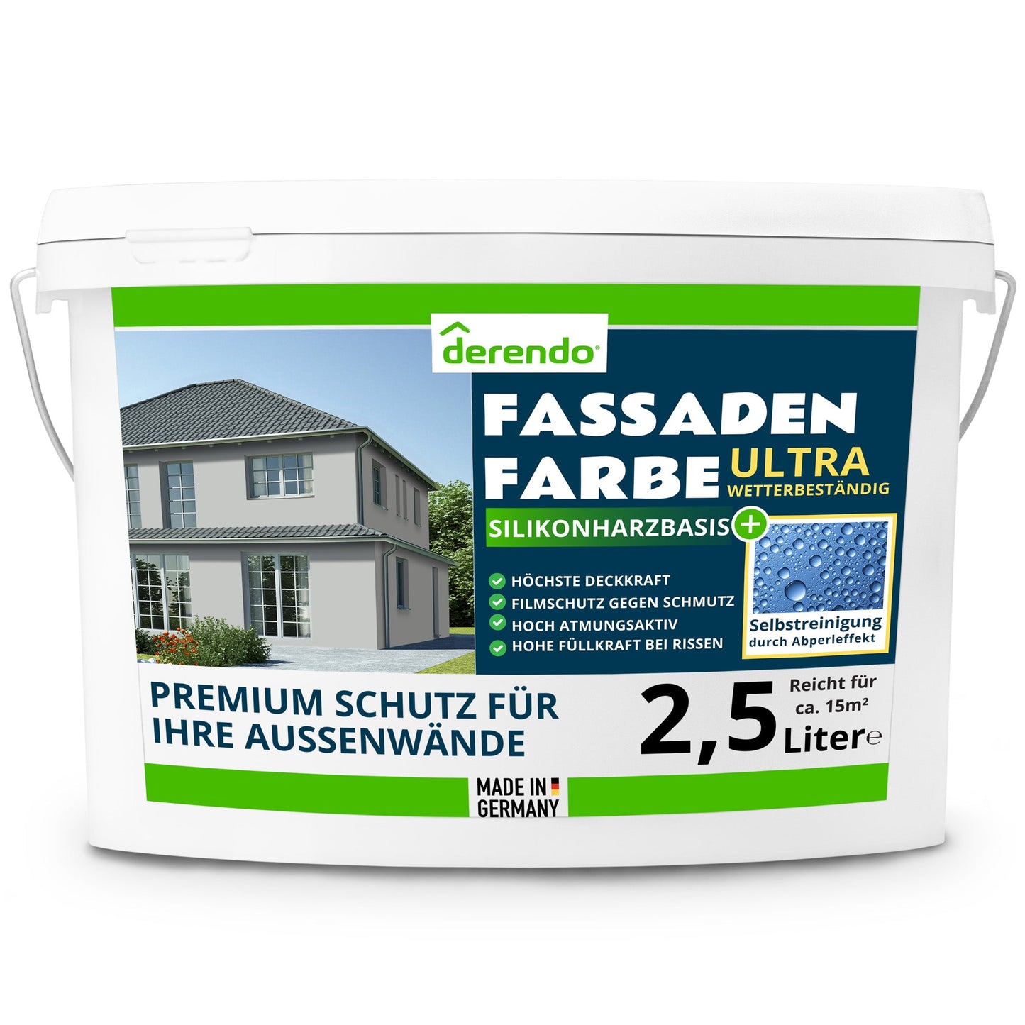 Derendo Fassadenfarbe Hellgrau mit ULTRA Wetterschutz und Abperleffekt - 4251604914668 - Derendo