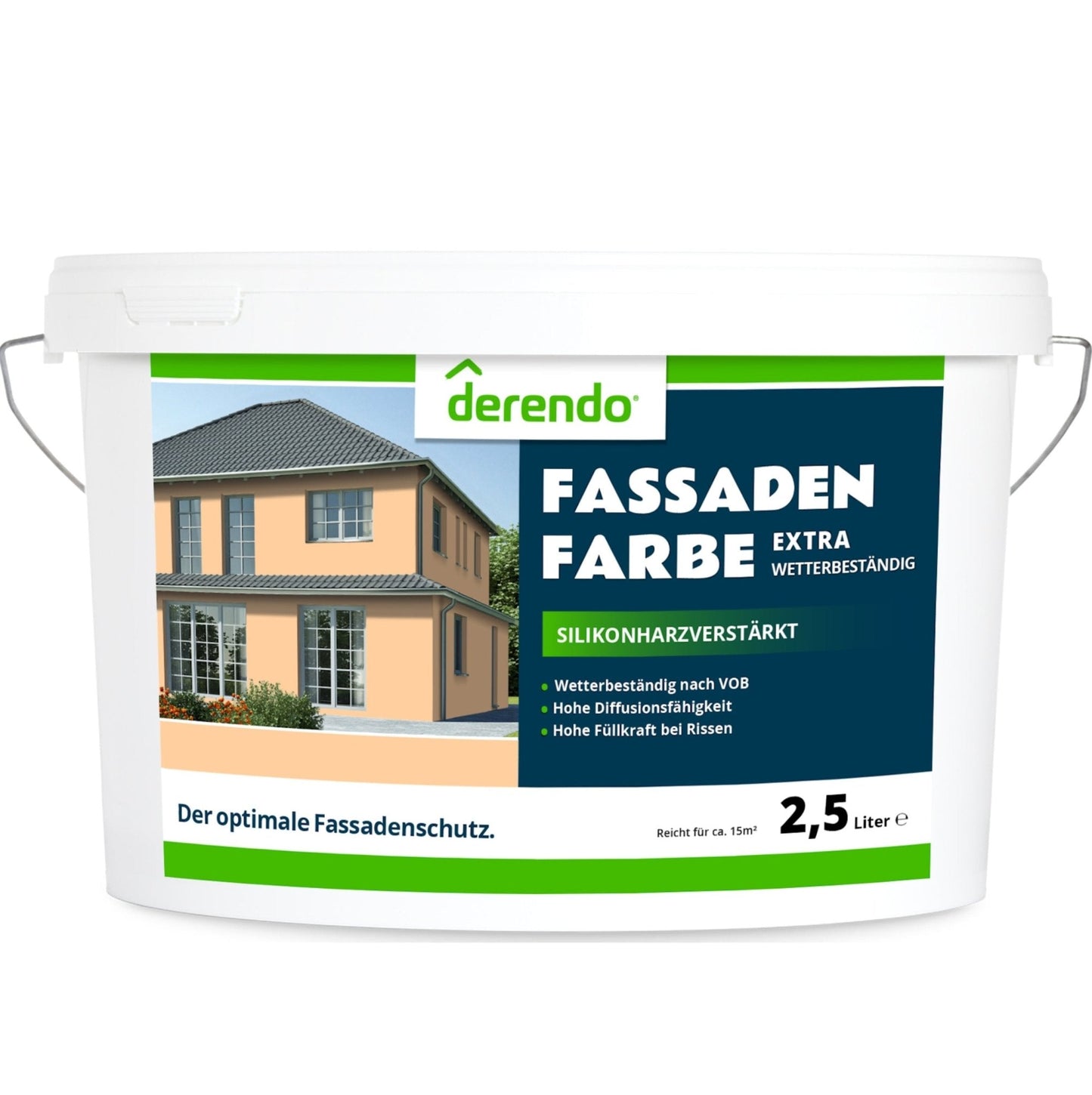 Derendo Fassadenfarbe Hellorange mit EXTRA Wetterschutz in 2.5 Liter – Produktbild von Derendo