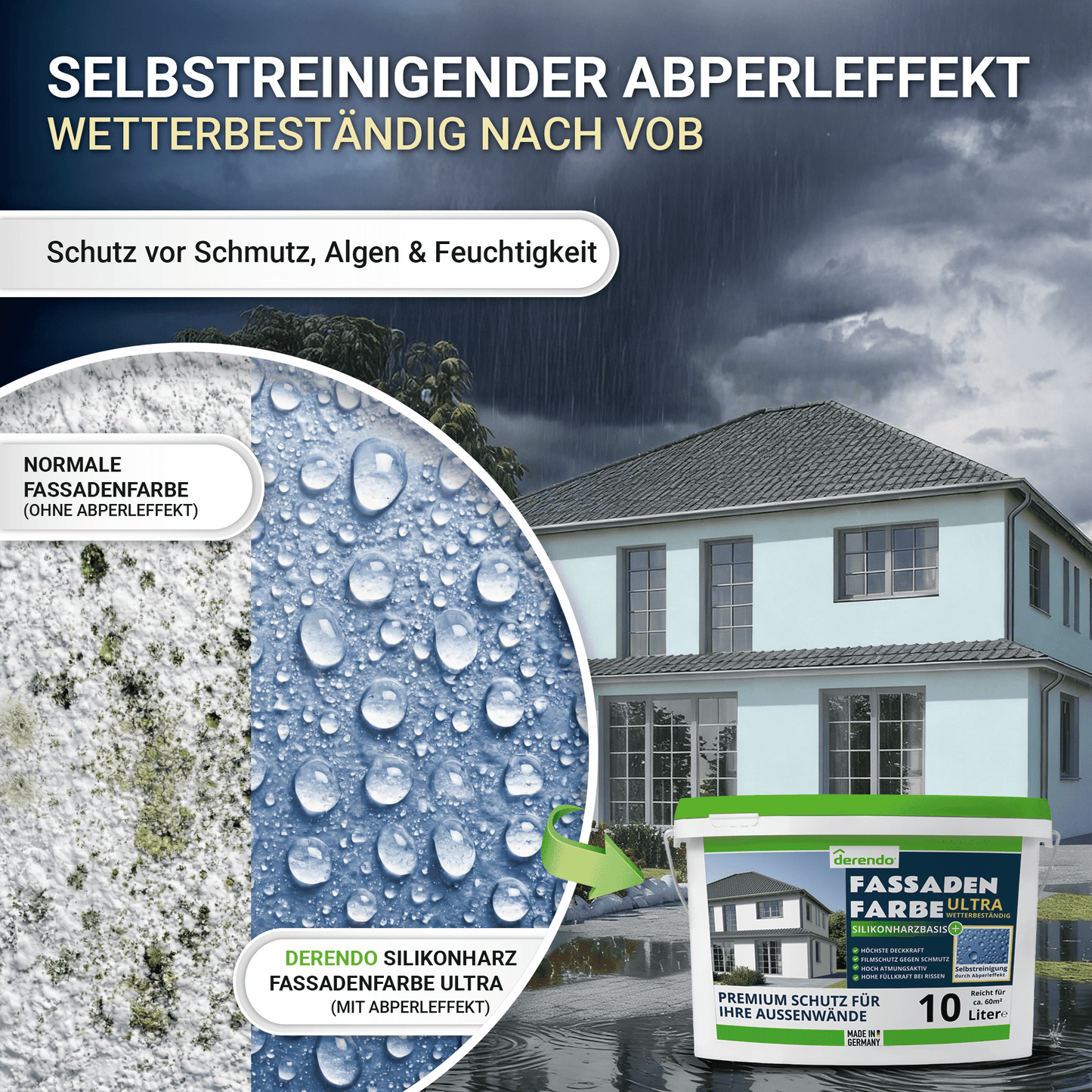 Derendo Fassadenfarbe Himmelblau mit ULTRA Wetterschutz und Abperleffekt in 10L – Produktbild von Derendo