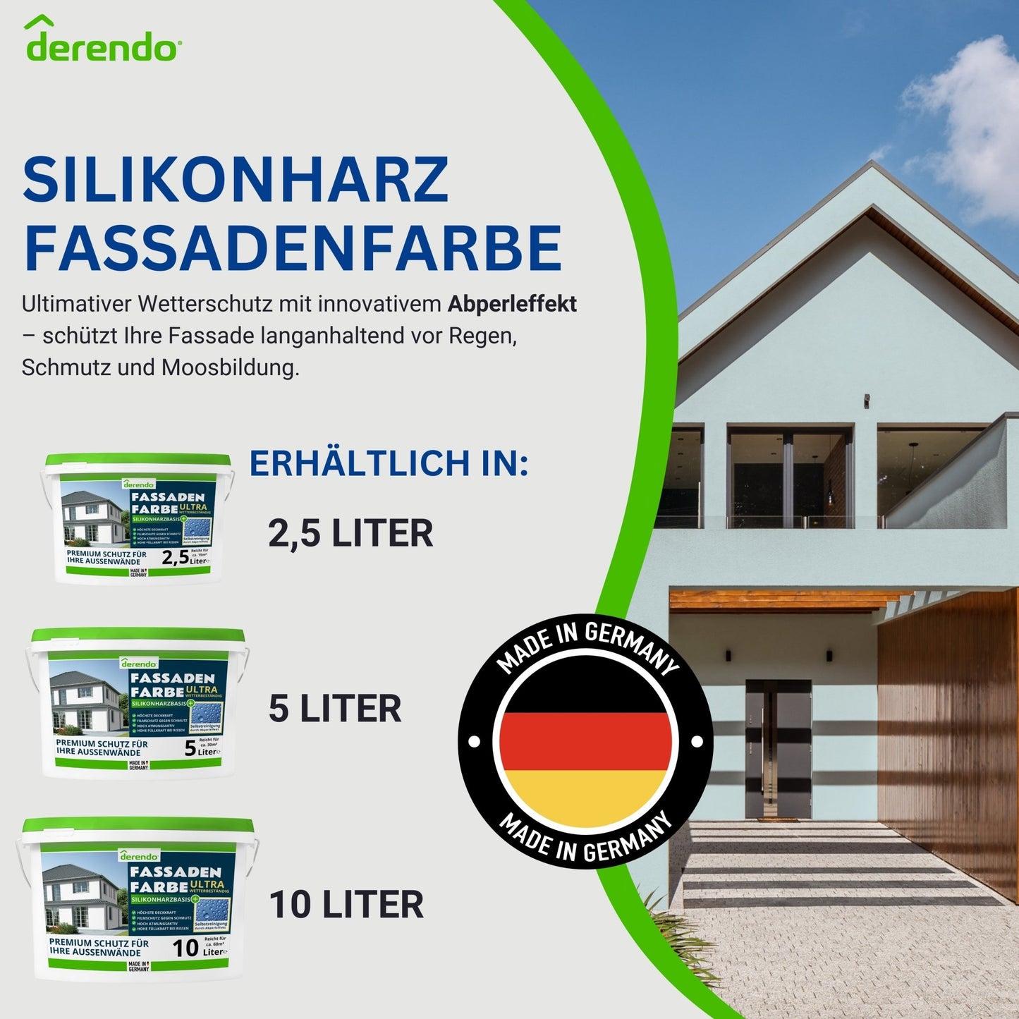 Derendo Fassadenfarbe Himmelblau mit ULTRA Wetterschutz und Abperleffekt - 4251604915917 - Derendo