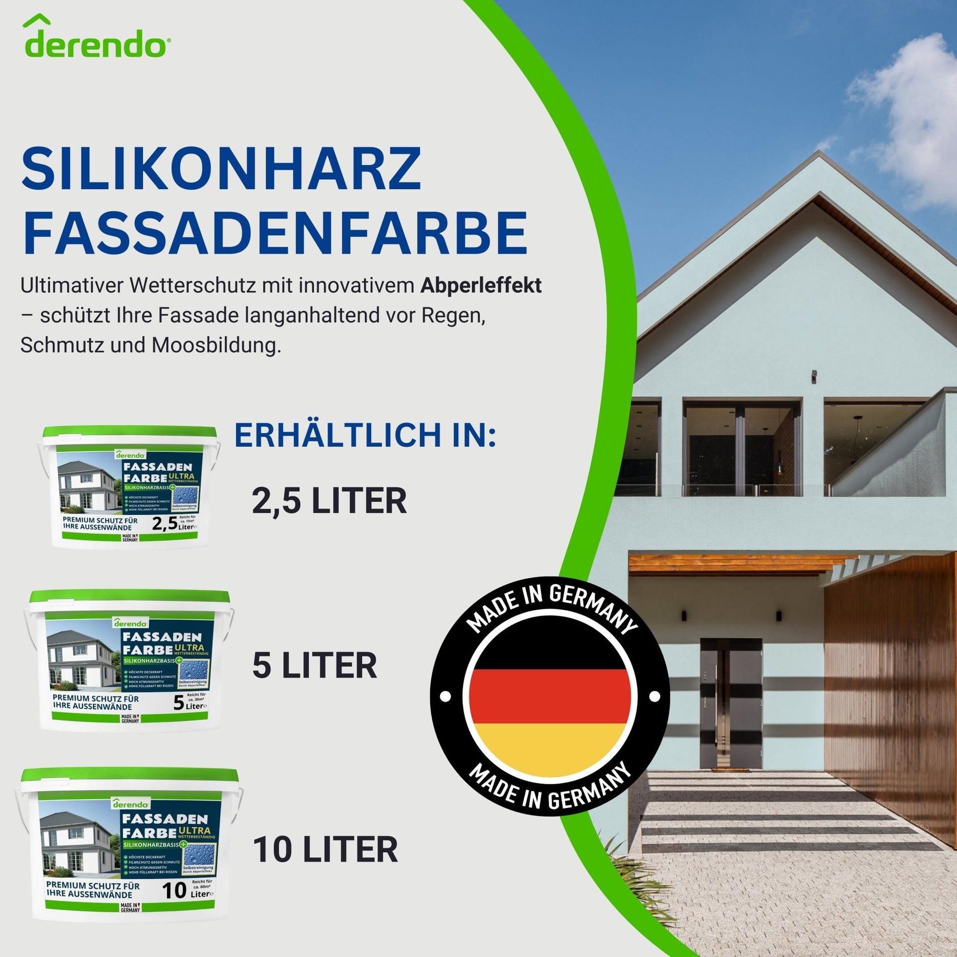 Derendo Fassadenfarbe Himmelblau mit ULTRA Wetterschutz und Abperleffekt - 4251604915917 - Derendo