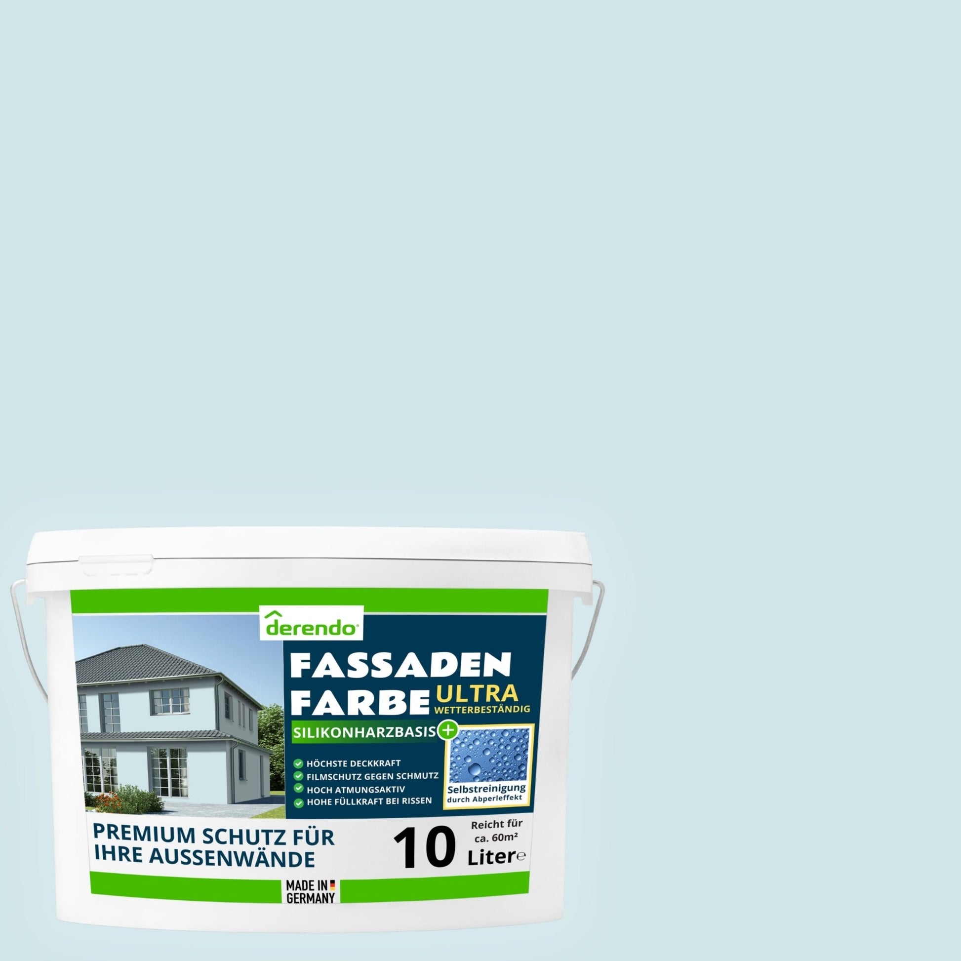 Derendo Fassadenfarbe Himmelblau mit ULTRA Wetterschutz und Abperleffekt in 10L – Produktbild von Derendo