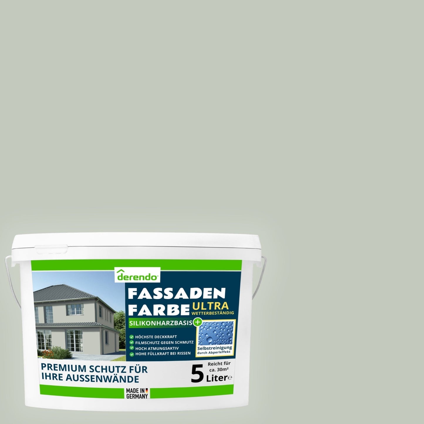 Derendo Fassadenfarbe Kaperngruen mit ULTRA Wetterschutz und Abperleffekt - 4251604918413 - Derendo