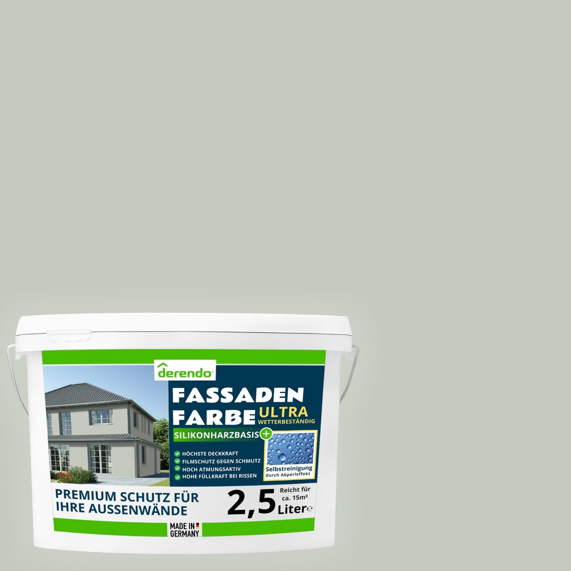 Derendo Fassadenfarbe Kaperngruen mit ULTRA Wetterschutz und Abperleffekt - 4251604918437 - Derendo
