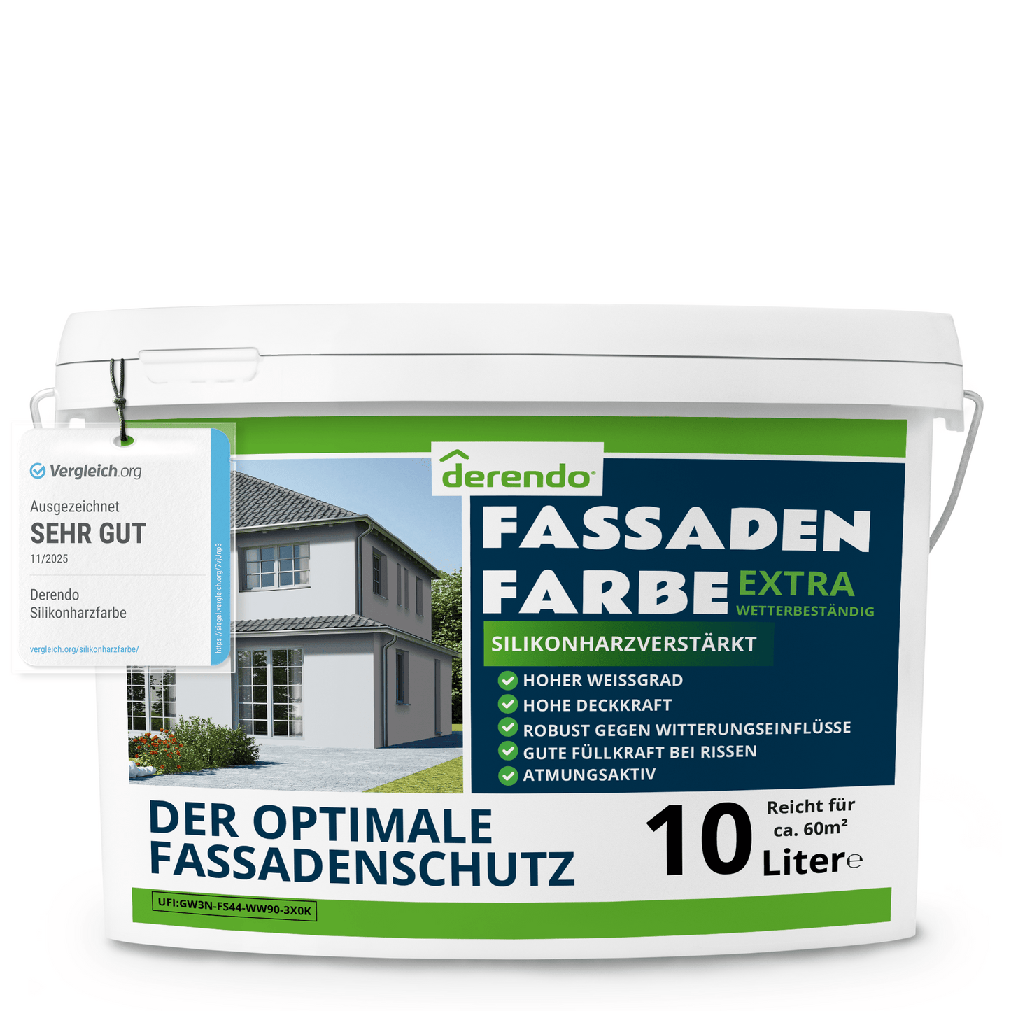 Derendo Fassadenfarbe Lichtgrau mit EXTRA Wetterschutz in 10 Liter – Produktbild von Derendo