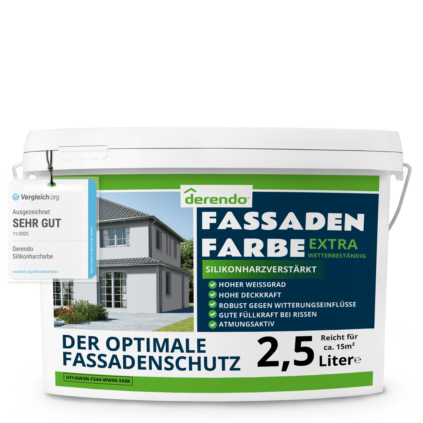 Derendo Fassadenfarbe Lichtgrau mit EXTRA Wetterschutz in 2.5 Liter – Produktbild von Derendo