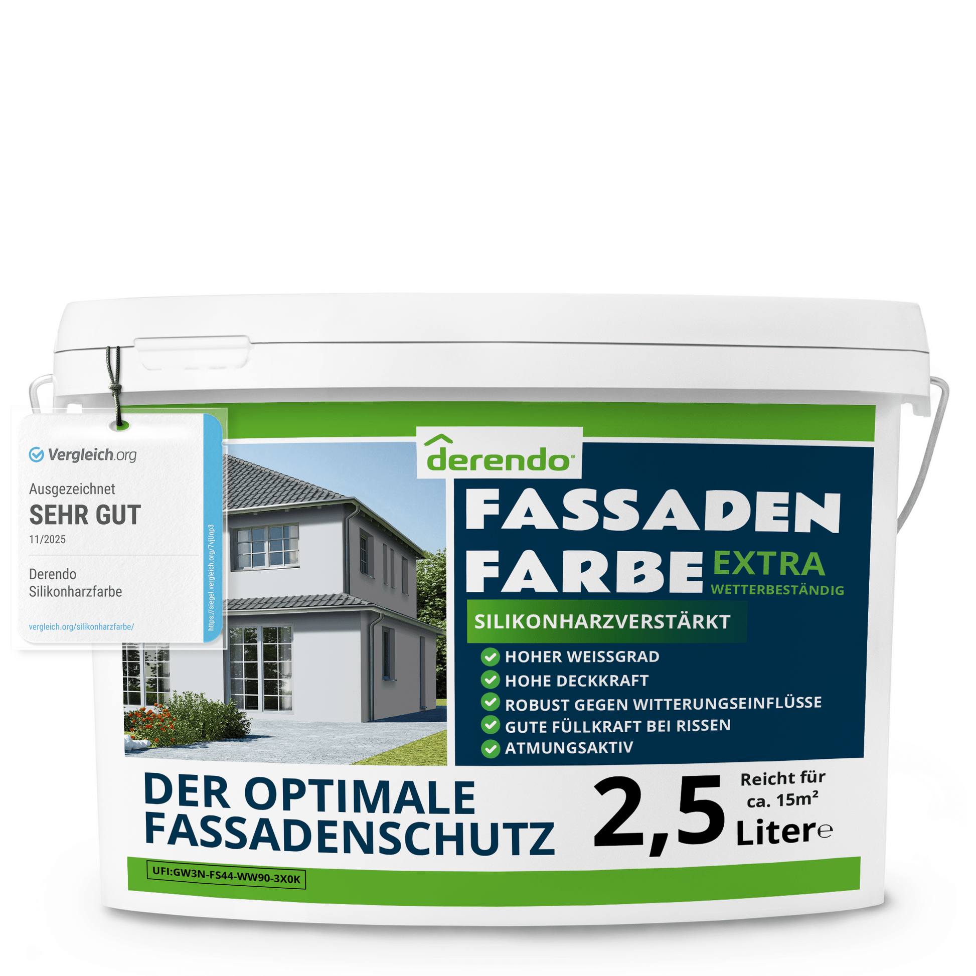 Derendo Fassadenfarbe Lichtgrau mit EXTRA Wetterschutz in 2.5 Liter – Produktbild von Derendo