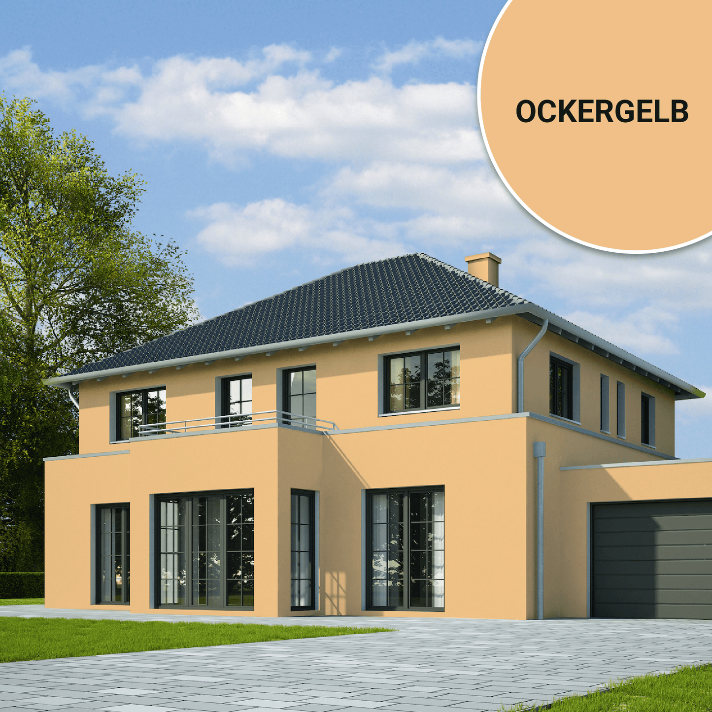 Derendo Fassadenfarbe Ockergelb mit ULTRA Wetterschutz und Abperleffekt in 2.5L – Produktbild von Derendo