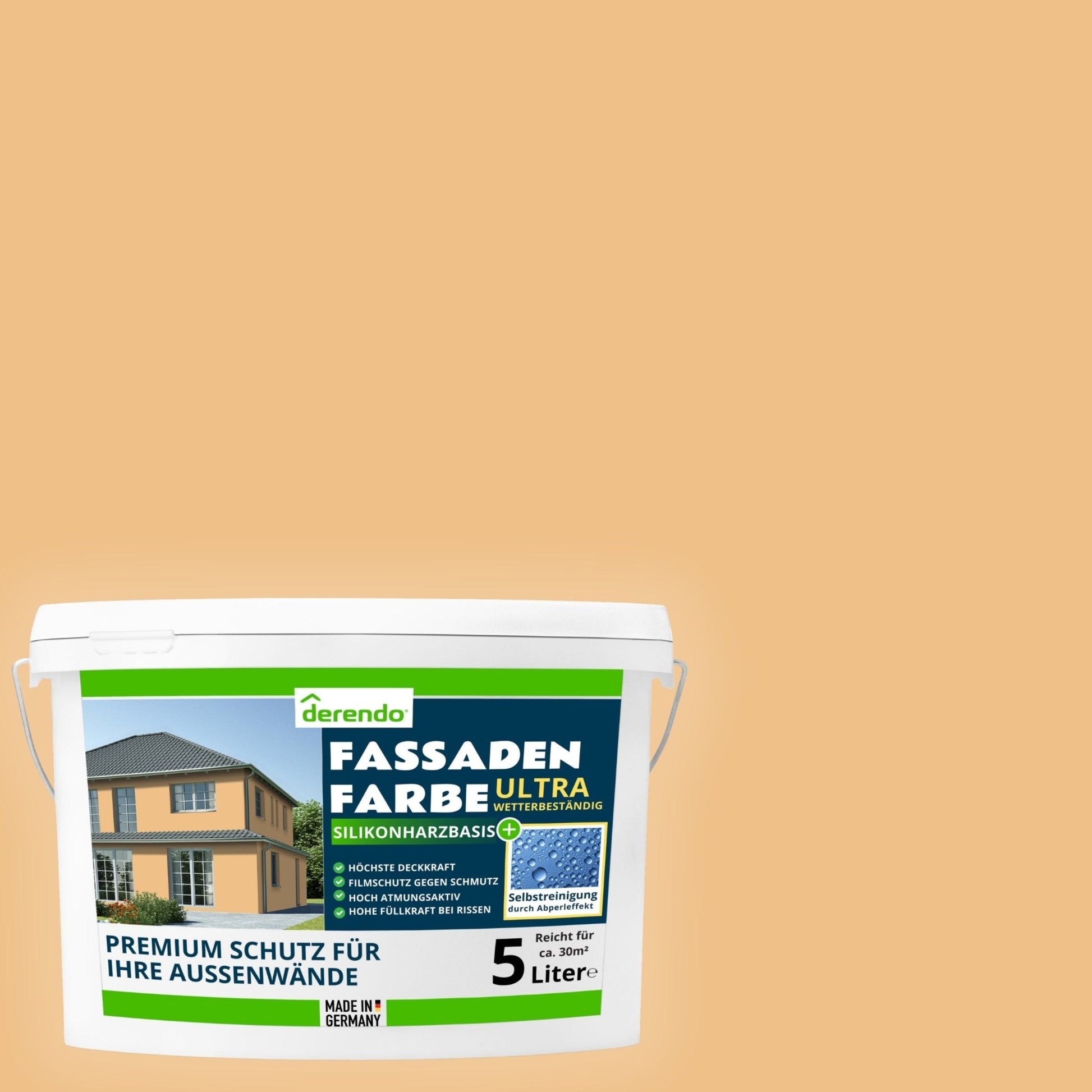 Derendo Fassadenfarbe Ockergelb mit ULTRA Wetterschutz und Abperleffekt - 4251604918598 - Derendo