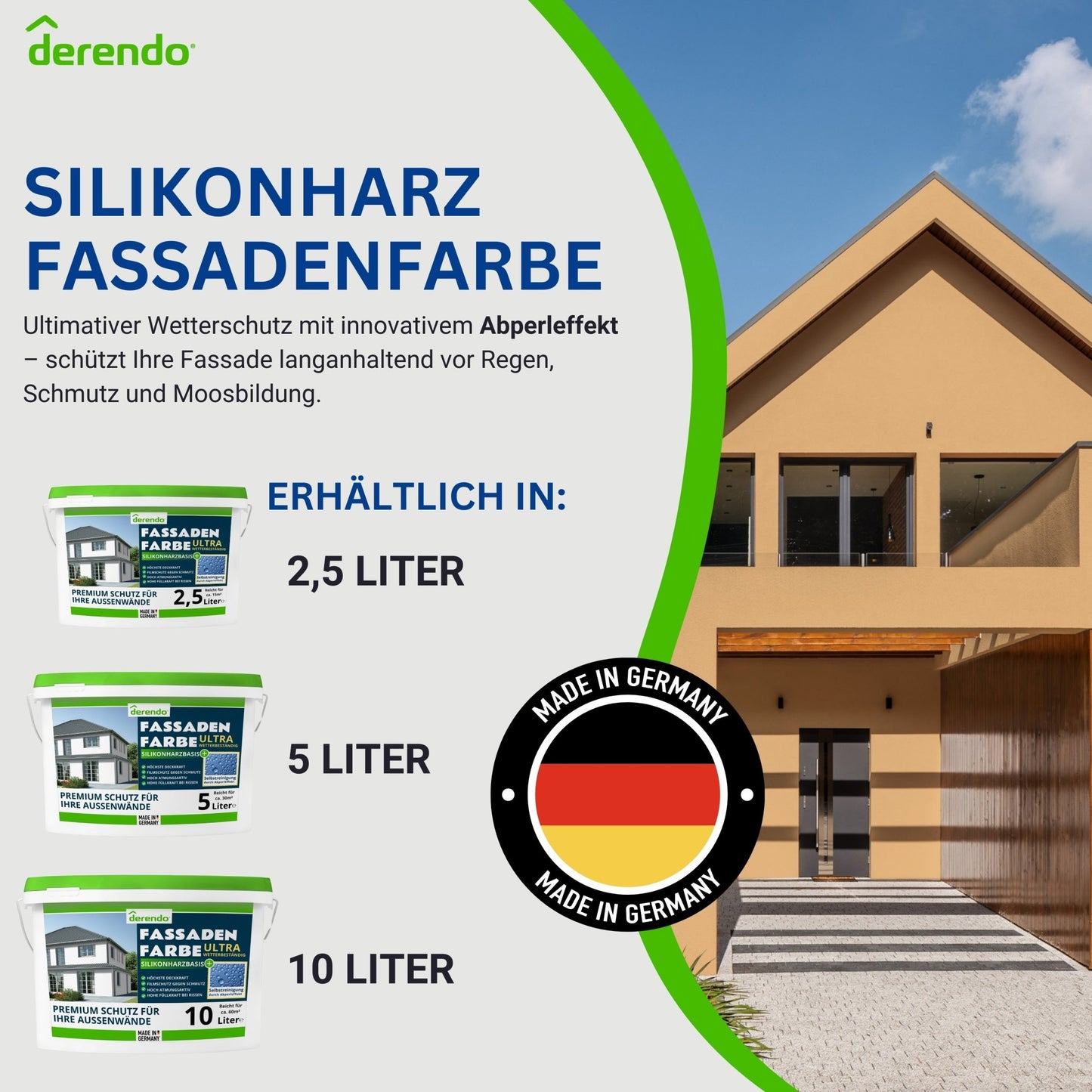 Derendo Fassadenfarbe Ockergelb mit ULTRA Wetterschutz und Abperleffekt - 4251604915627 - Derendo
