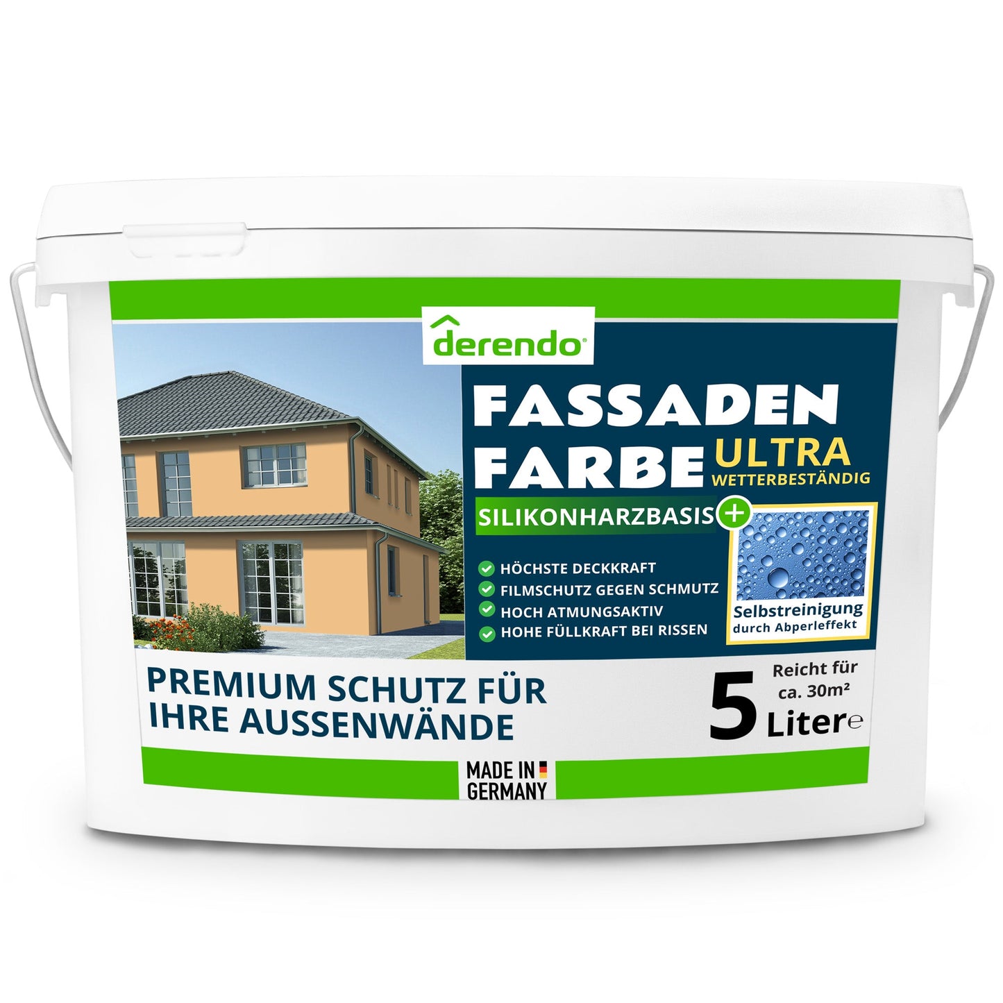 Derendo Fassadenfarbe Ockergelb mit ULTRA Wetterschutz und Abperleffekt - 4251604918598 - Derendo