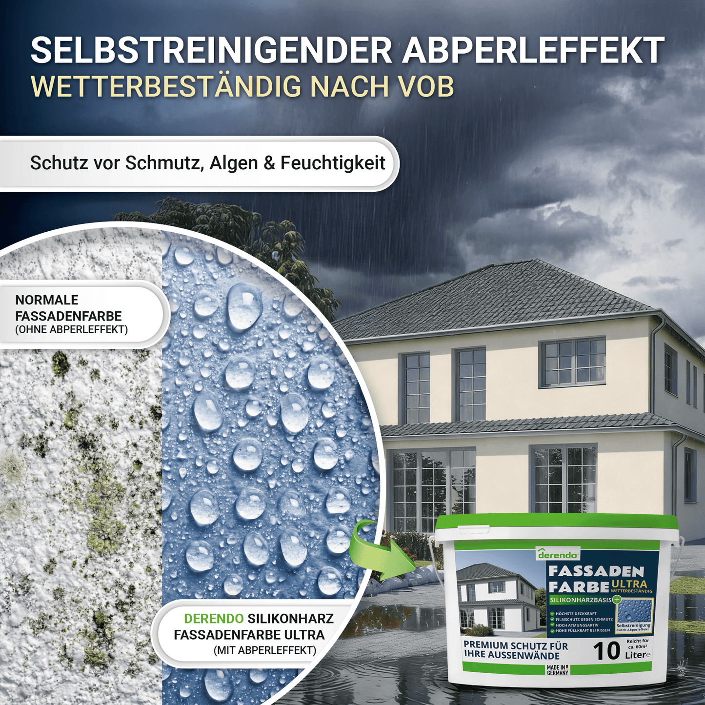 Derendo Fassadenfarbe Perlbeige mit ULTRA Wetterschutz und Abperleffekt in 10L – Produktbild von Derendo