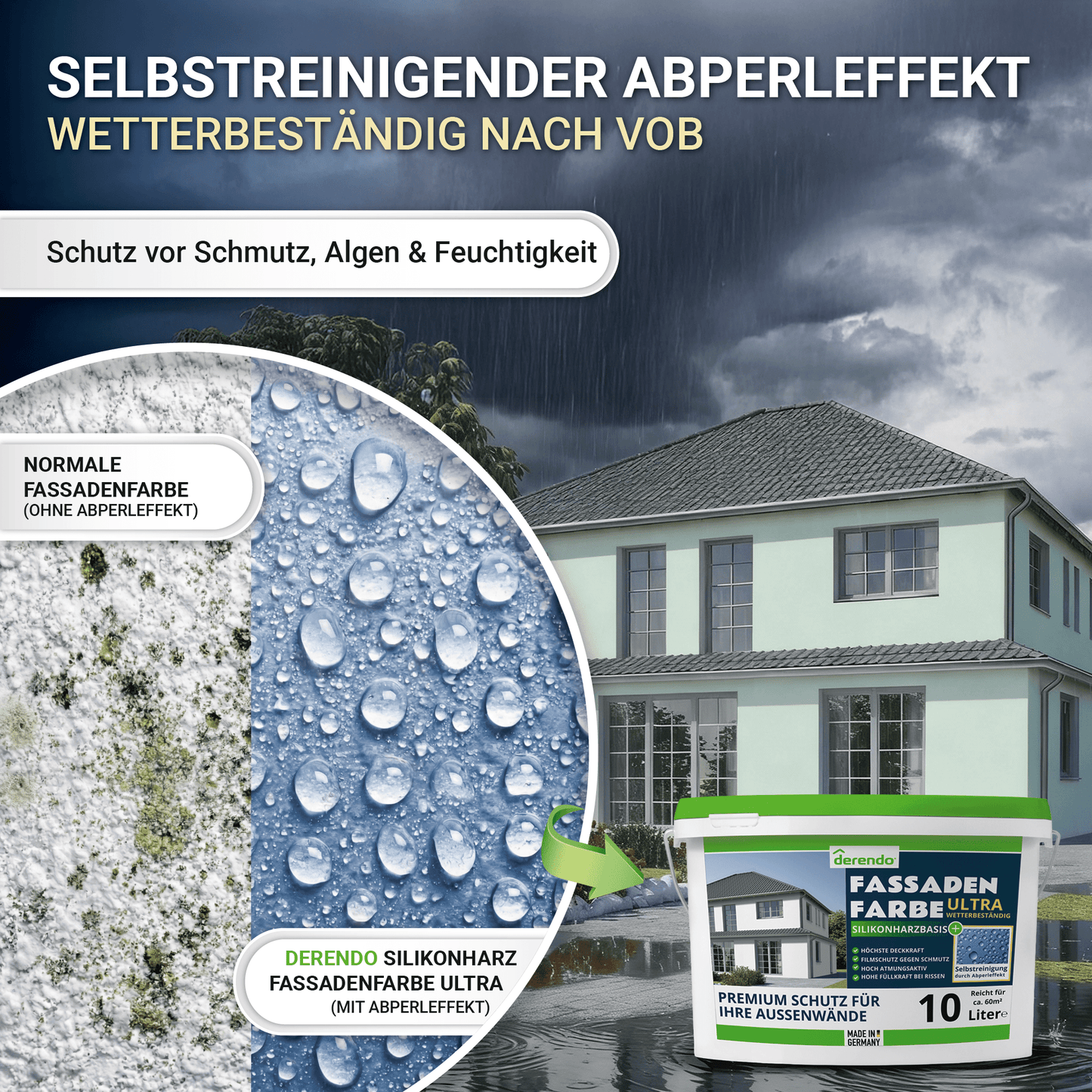 Derendo Fassadenfarbe Salbeigruen mit ULTRA Wetterschutz und Abperleffekt in 10L – Produktbild von Derendo