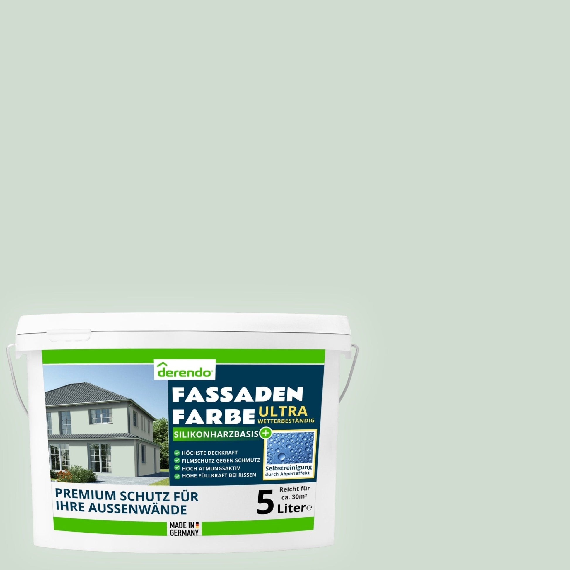 Derendo Fassadenfarbe Salbeigruen mit ULTRA Wetterschutz und Abperleffekt - 4251604918352 - Derendo