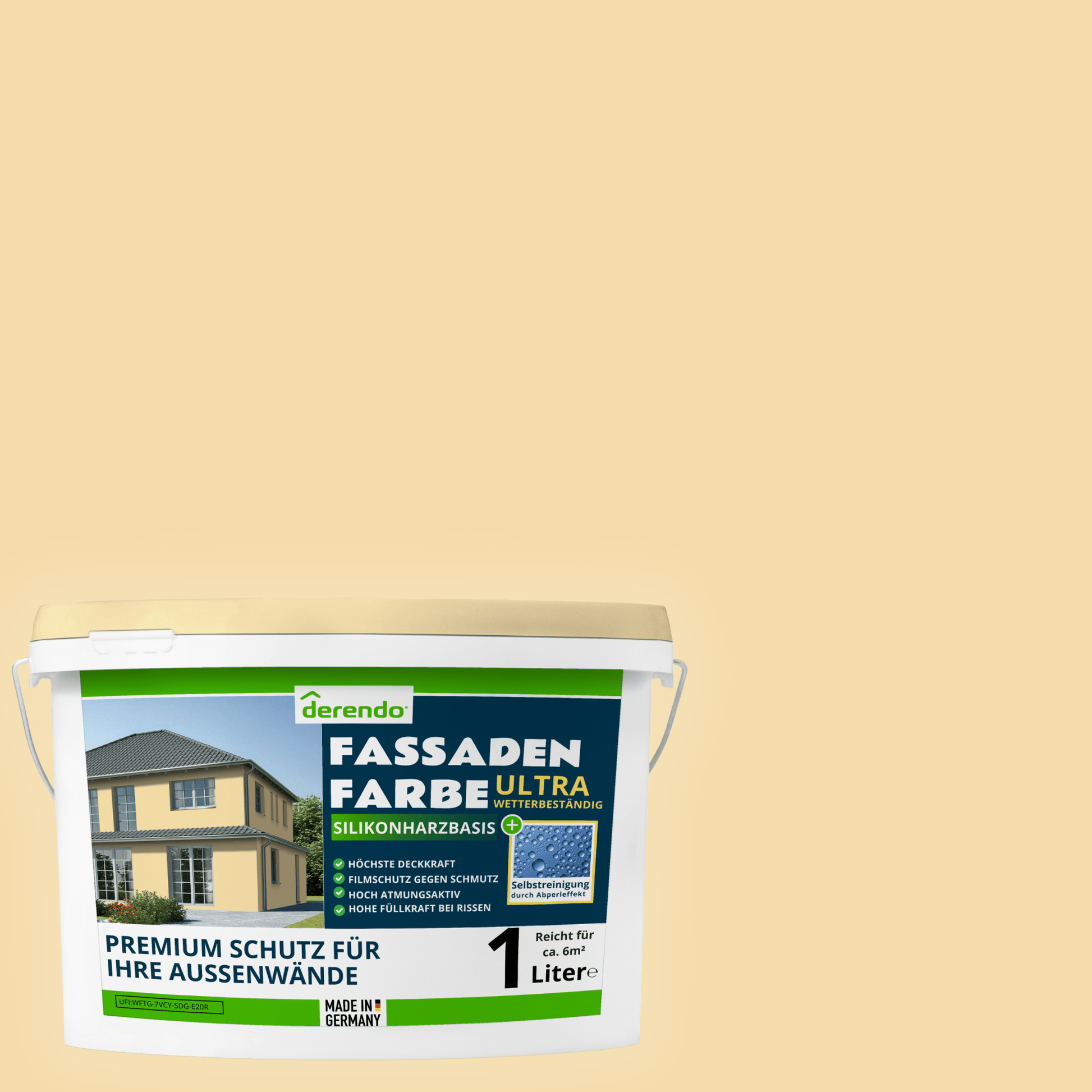 Derendo Fassadenfarbe Sandgelb mit ULTRA Wetterschutz und Abperleffekt - 4251604929617 - Derendo